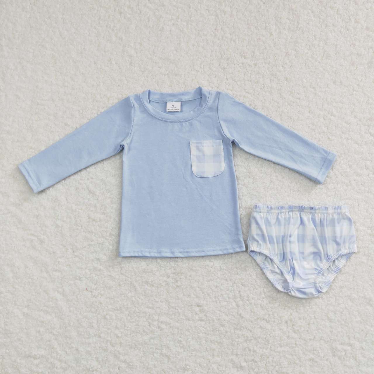 GBO0194 Blue pocket checkered long sleeve kids bummies set