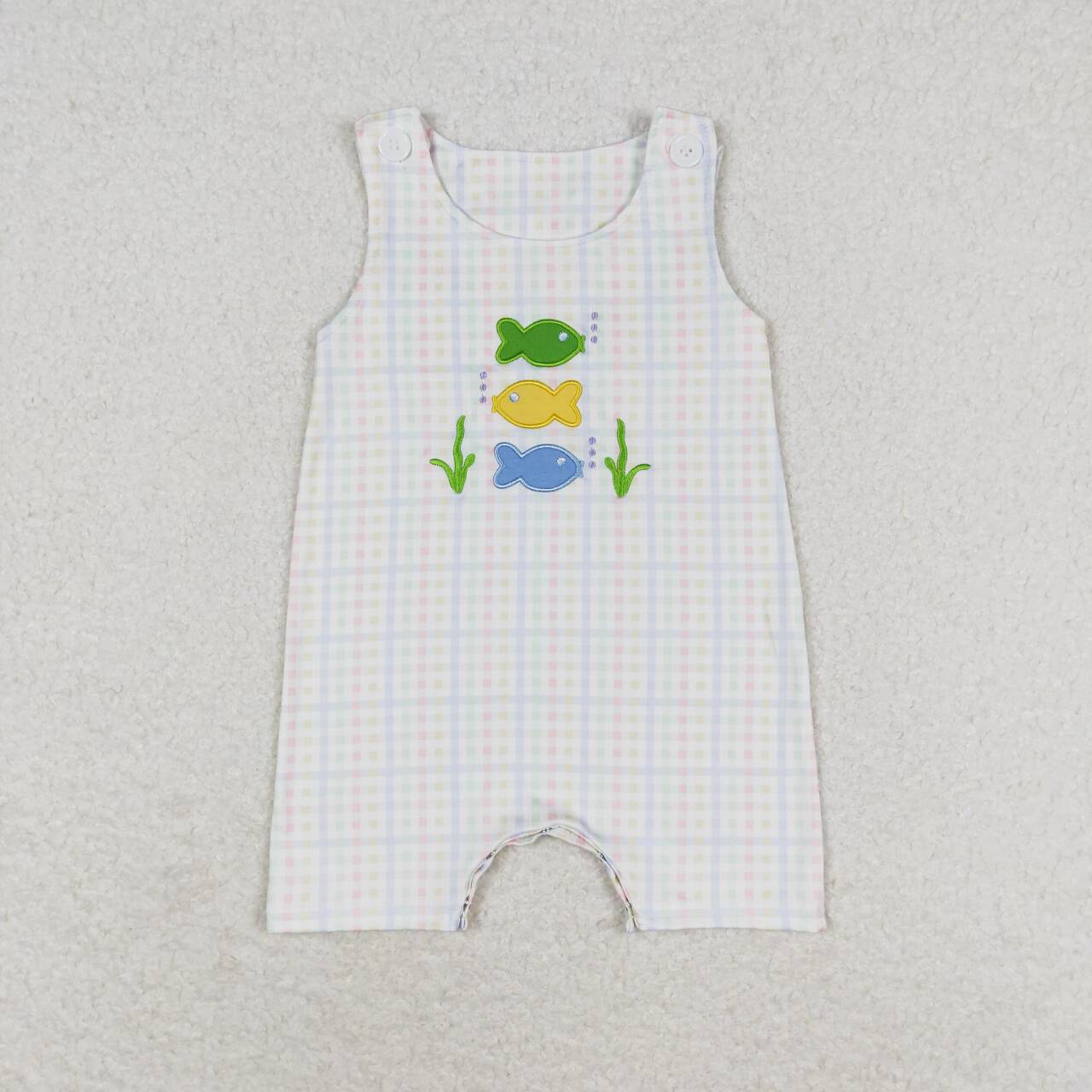 SR1121 embroidery Fishing colorful checkered sleeveless boys romper