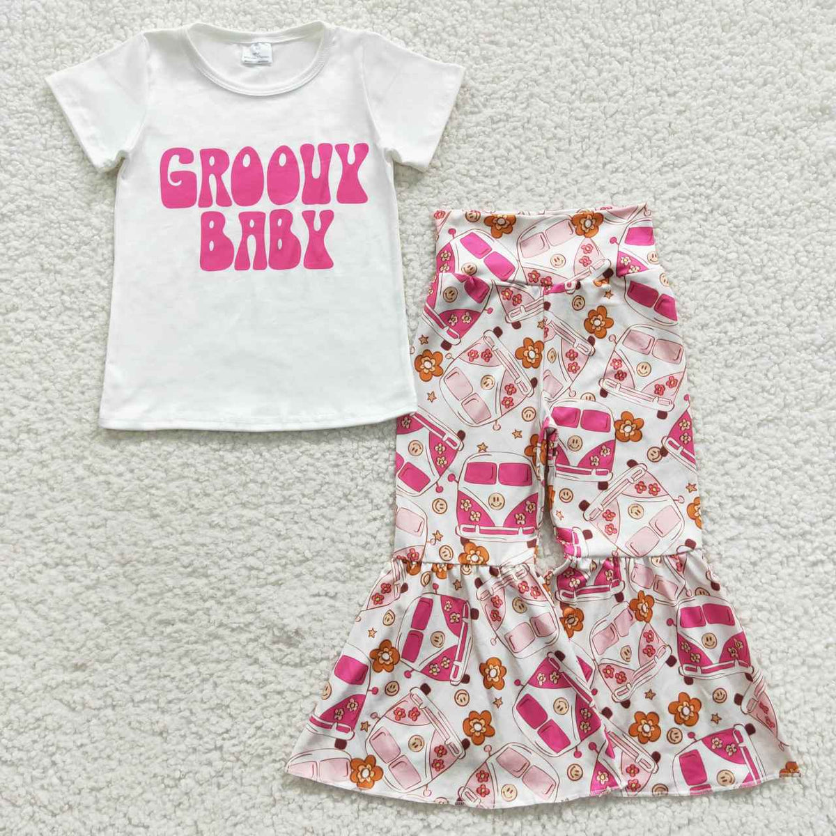 GSPO0718 Baby White Short Sleeves Hot Pink Bus Smile Flowers Pants Girls Set