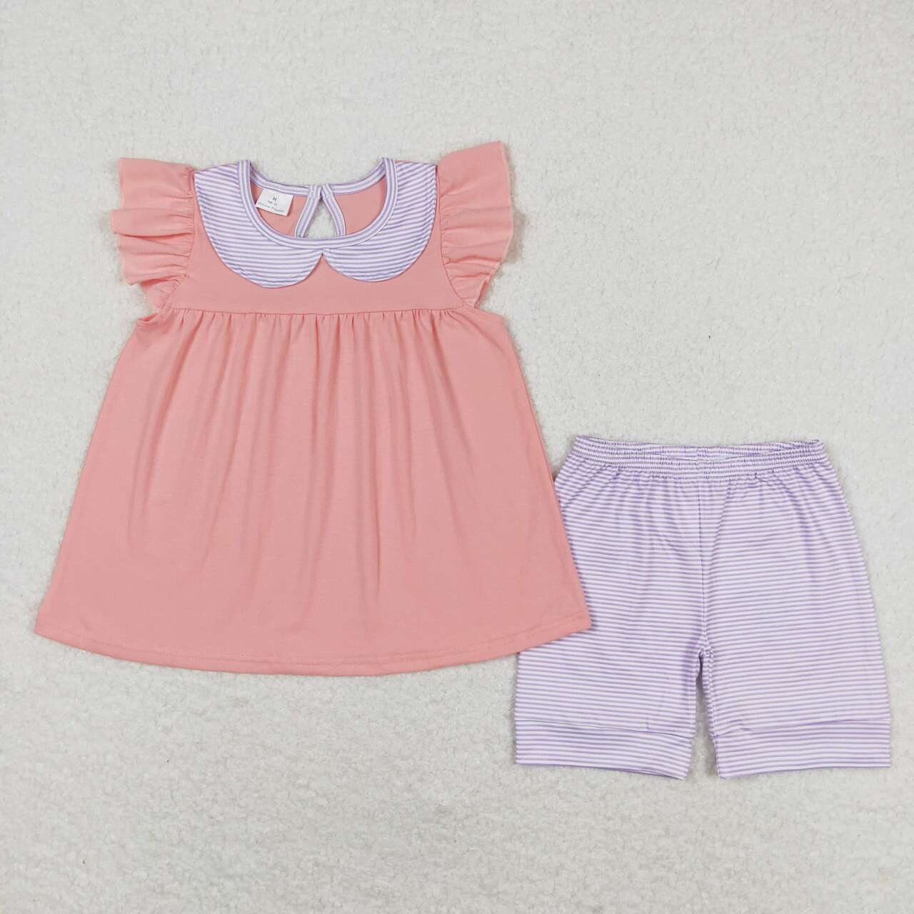 GSSO1066 pink flutter sleeve purple striped shorts girls set