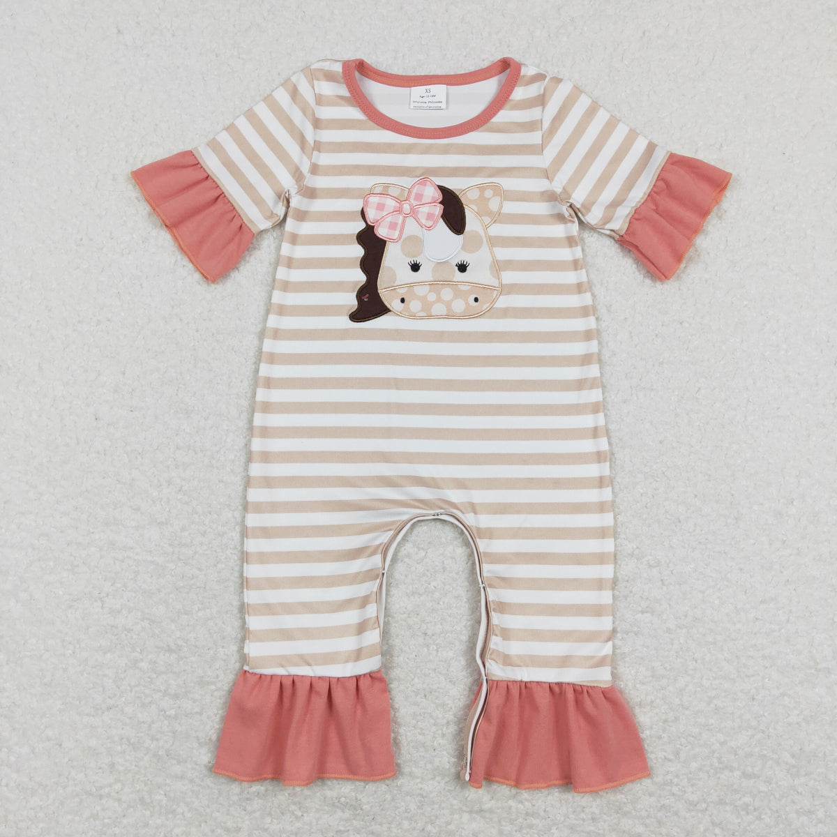 SR0674 Embroidery Horse khaki striped pink short sleeve girls romper