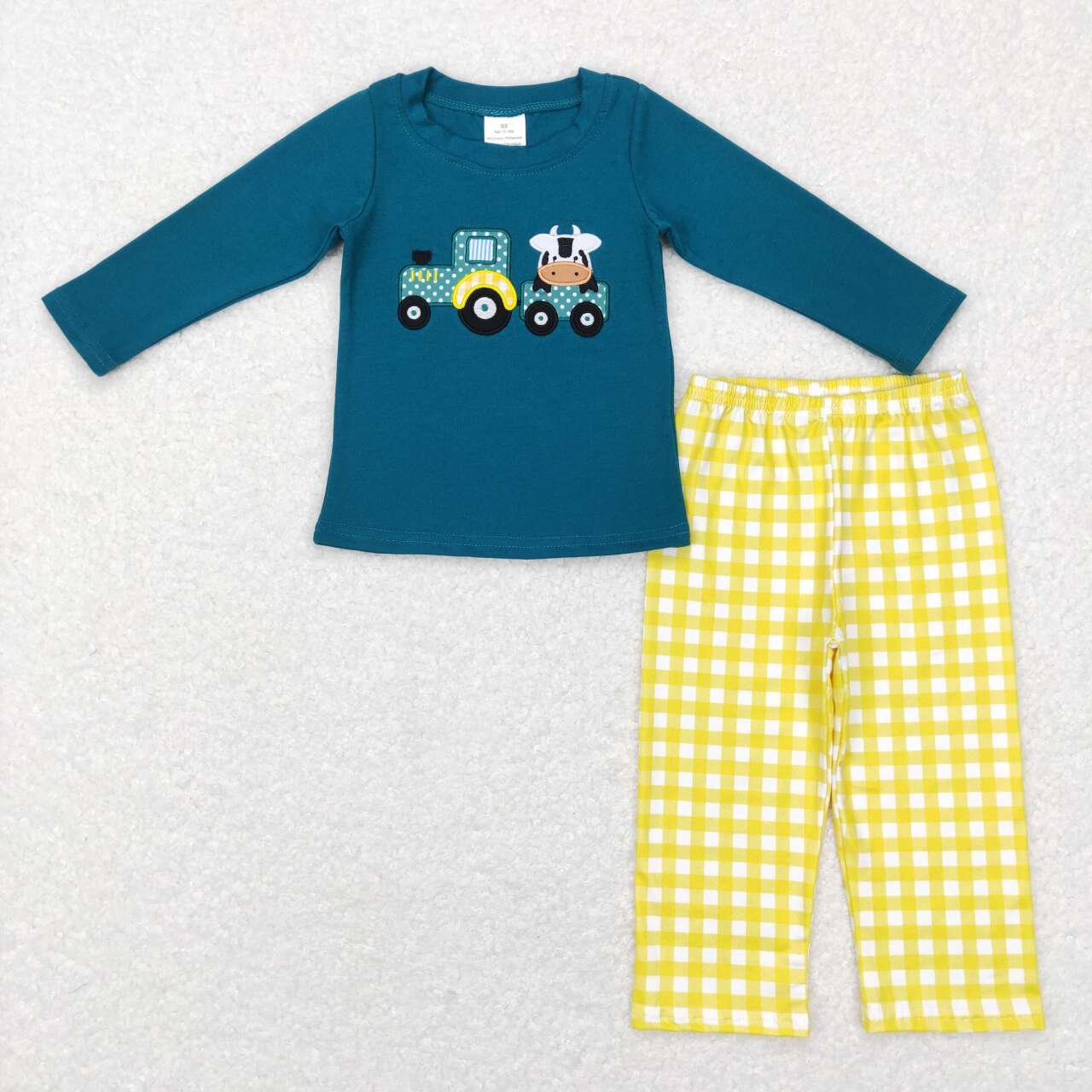 BLP0196 Farm Tractor Cow Green Long Sleeves Yellow Pants Boys Clothes