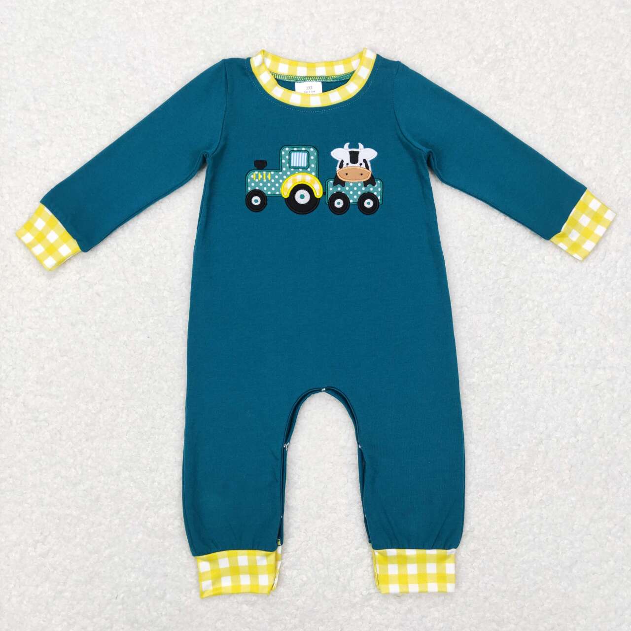 LR0377 Farm Tractor Cow Green Long Sleeves Kids Romper