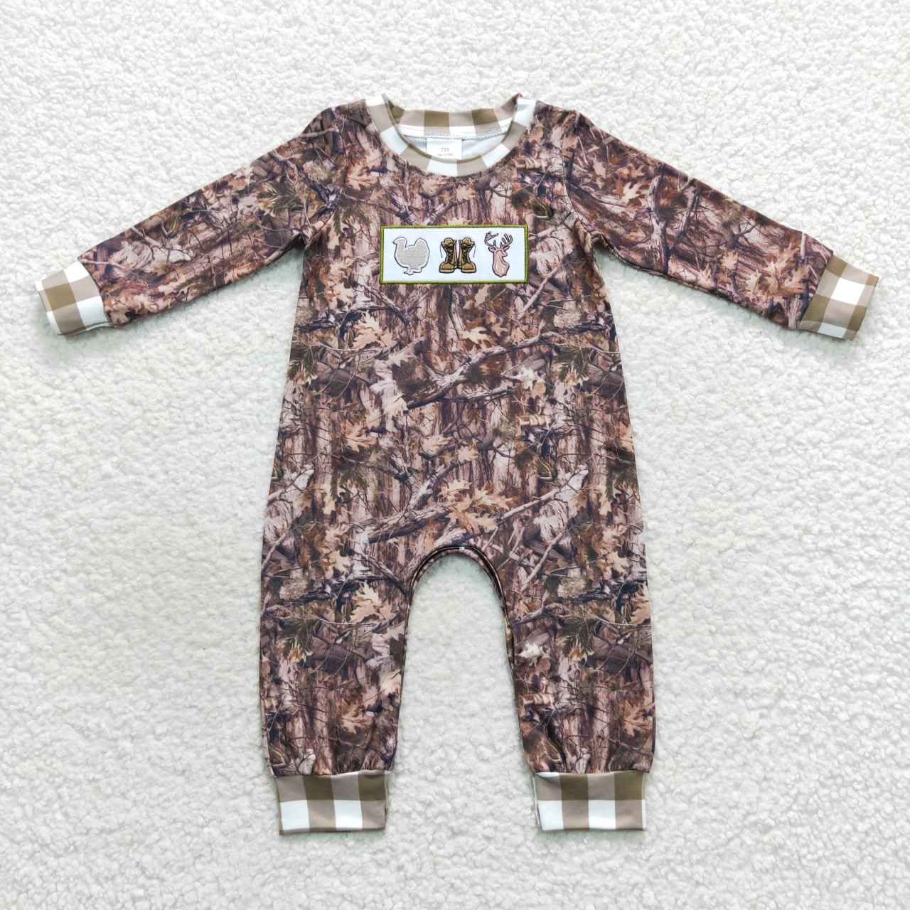 LR0527 Hunt turkey boot deer camo long sleeve boys romper