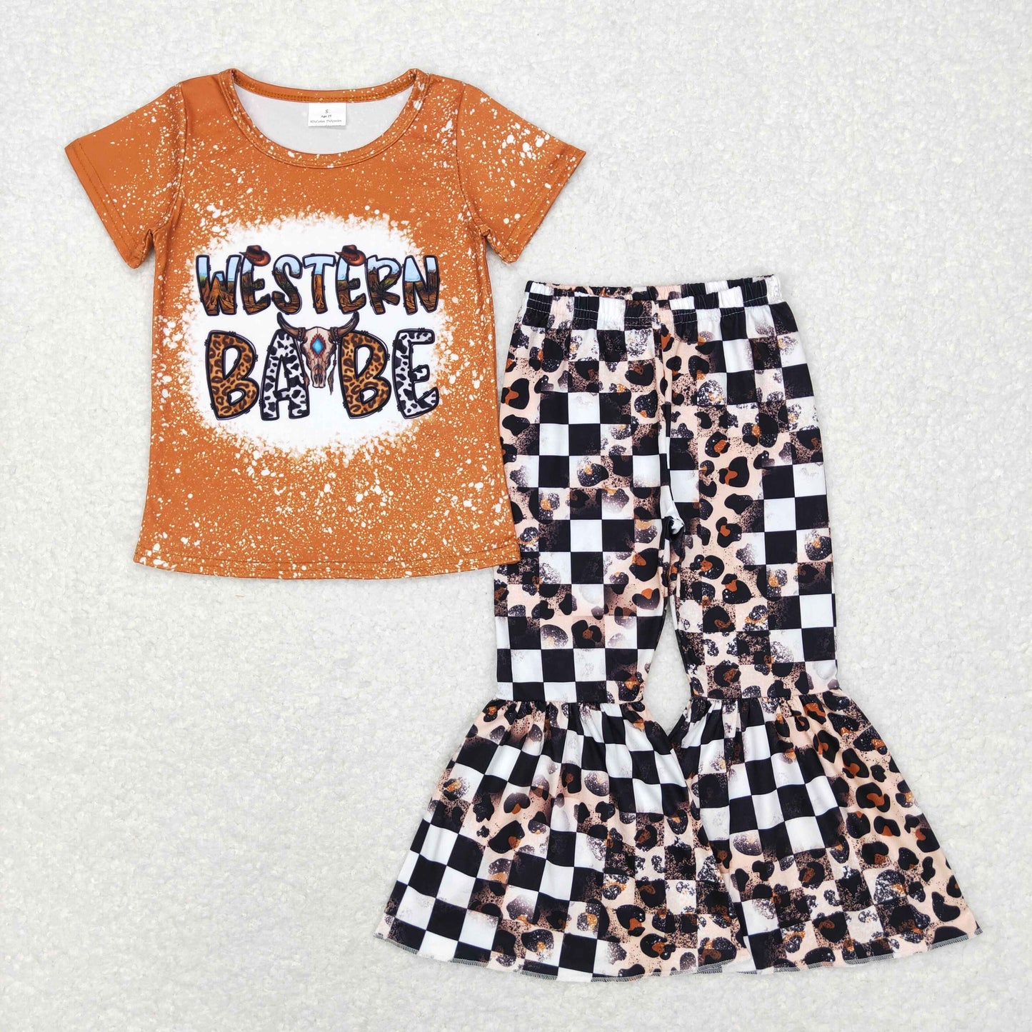 GSPO0388 Western Babe Brown Short Sleeve Black Checkered Pants Girls Set