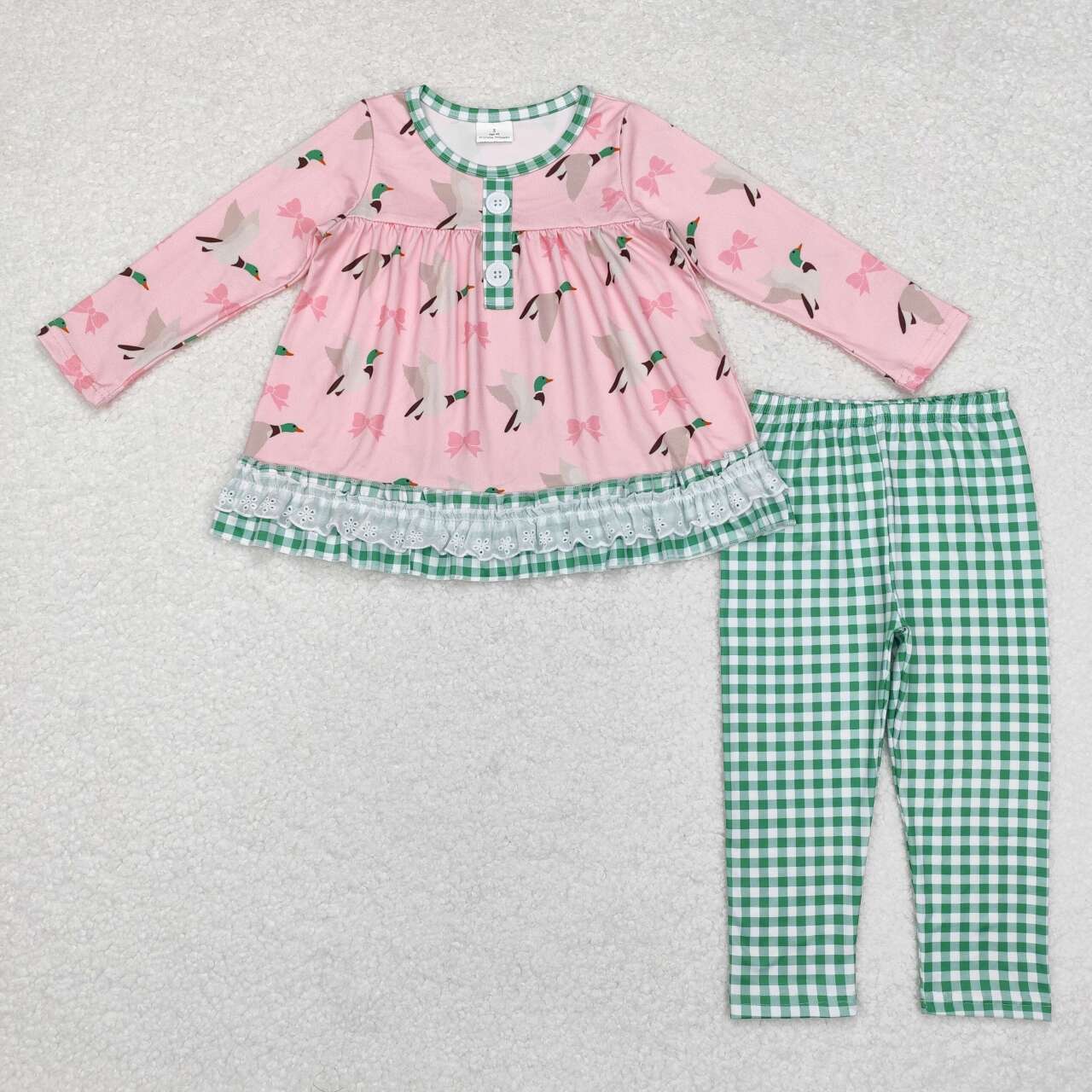 GLP1753 hunting mallard bow pink long sleeve green checkered pants girls set