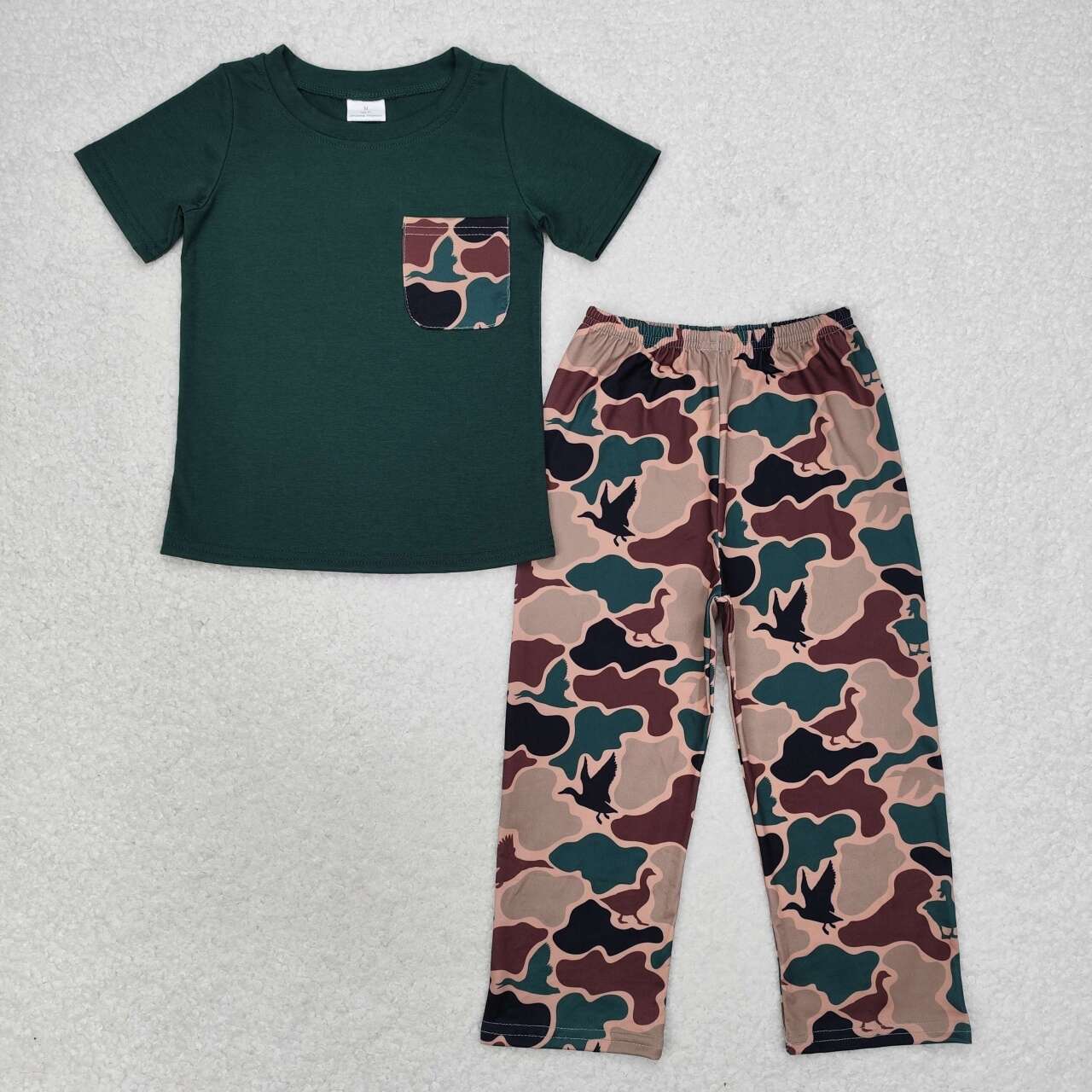 BSPO0413 dark green pocket short sleeve camo pants boys set