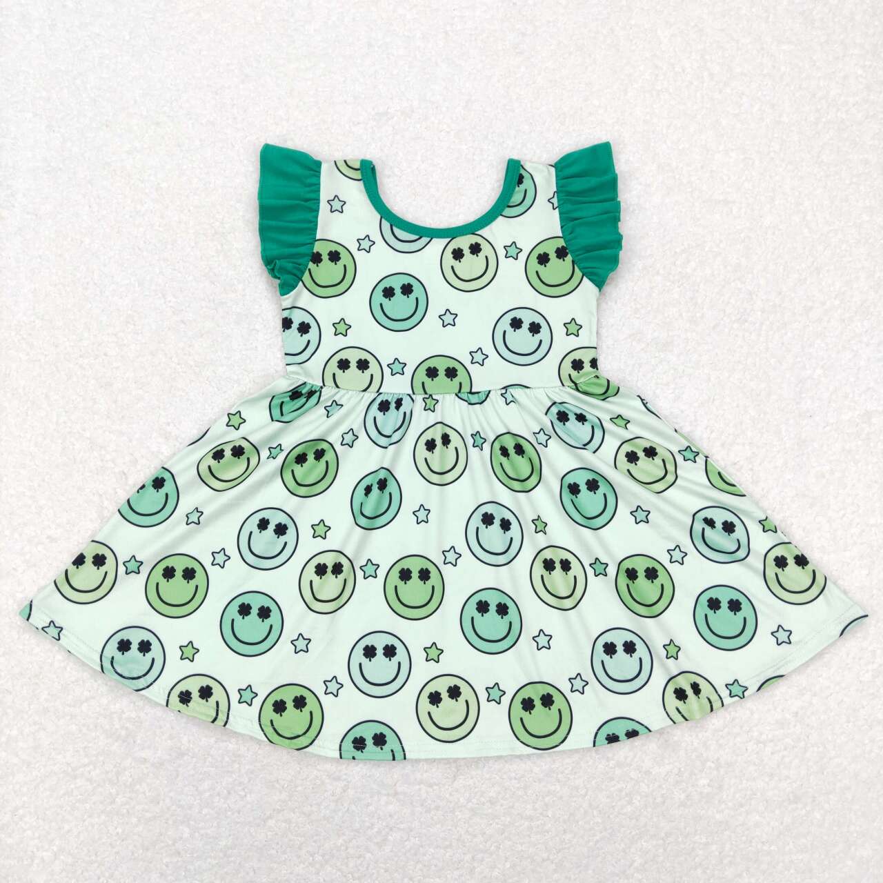 GSD0643 Saint Patrick Clover Smile Star Green Flutter Sleeve Girls Dress