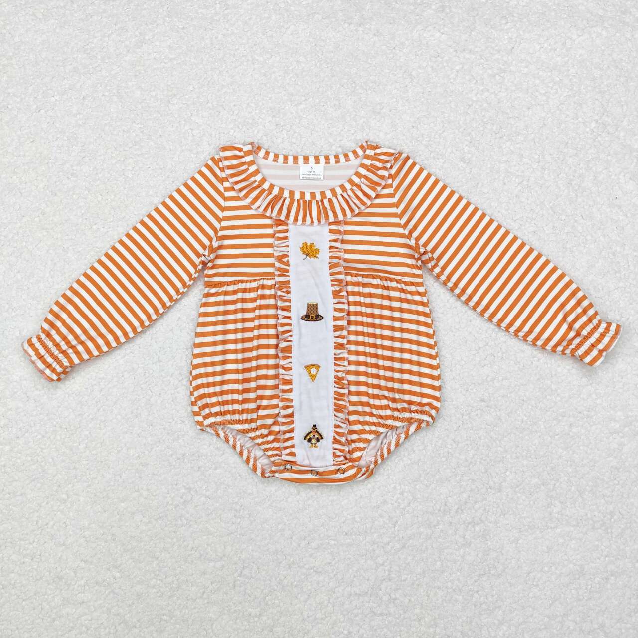 embroidery LR1300 Thanksgiving turkey pie orange striped long sleeve girls romper