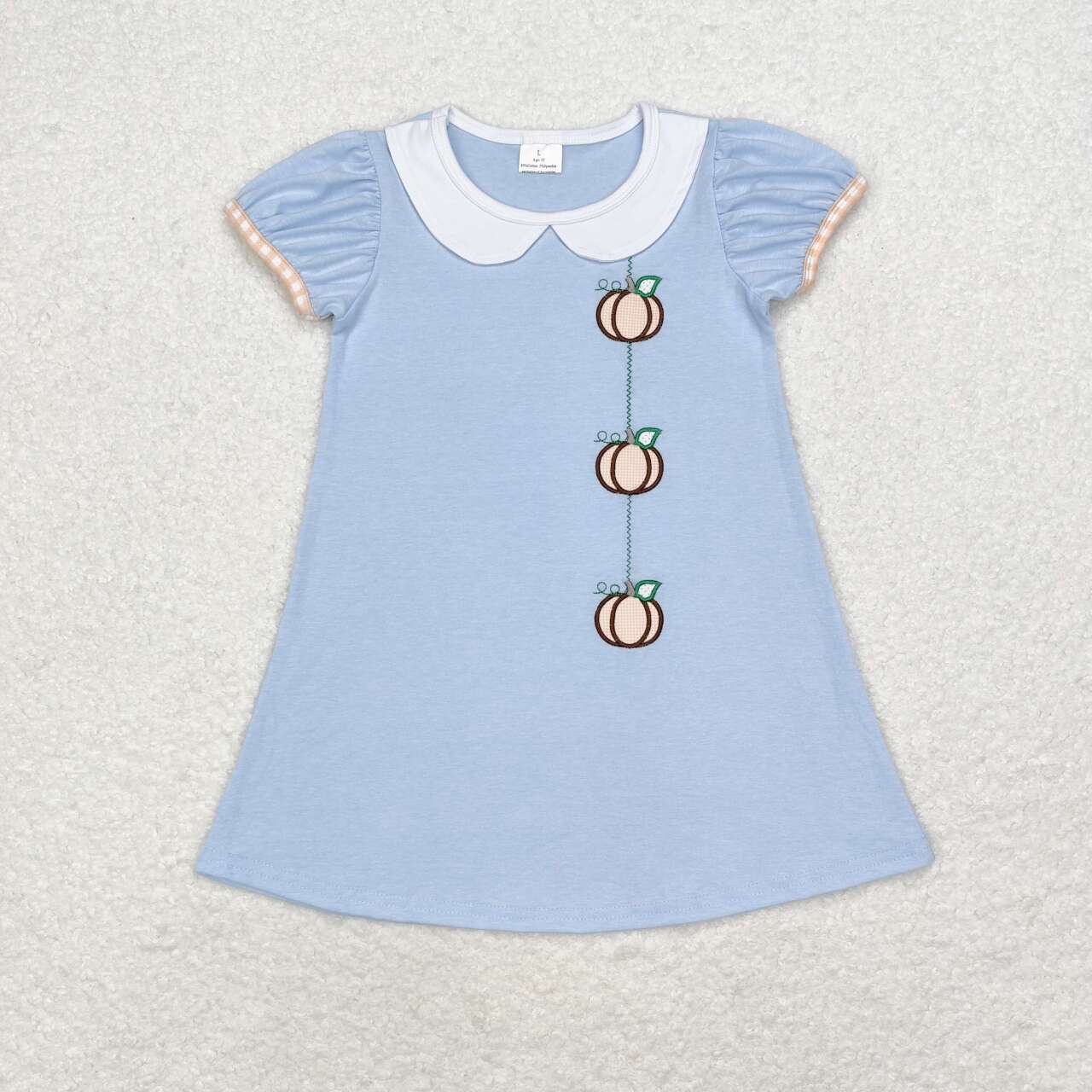 embroidery GSD1257 Autumn pumpkin blue short sleeve girls dress