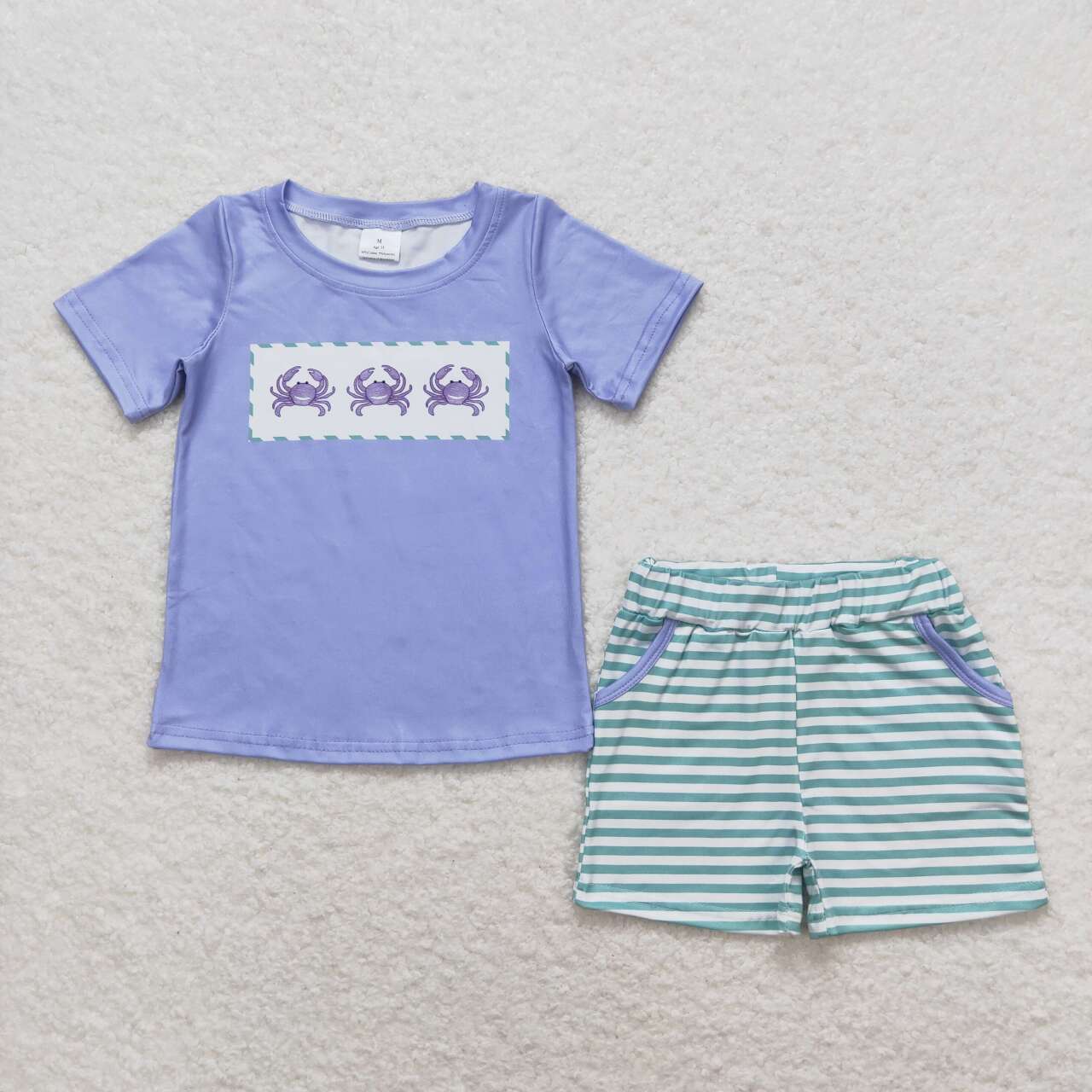 BSSO0637 Cab blue short sleeve green striped shorts boys set