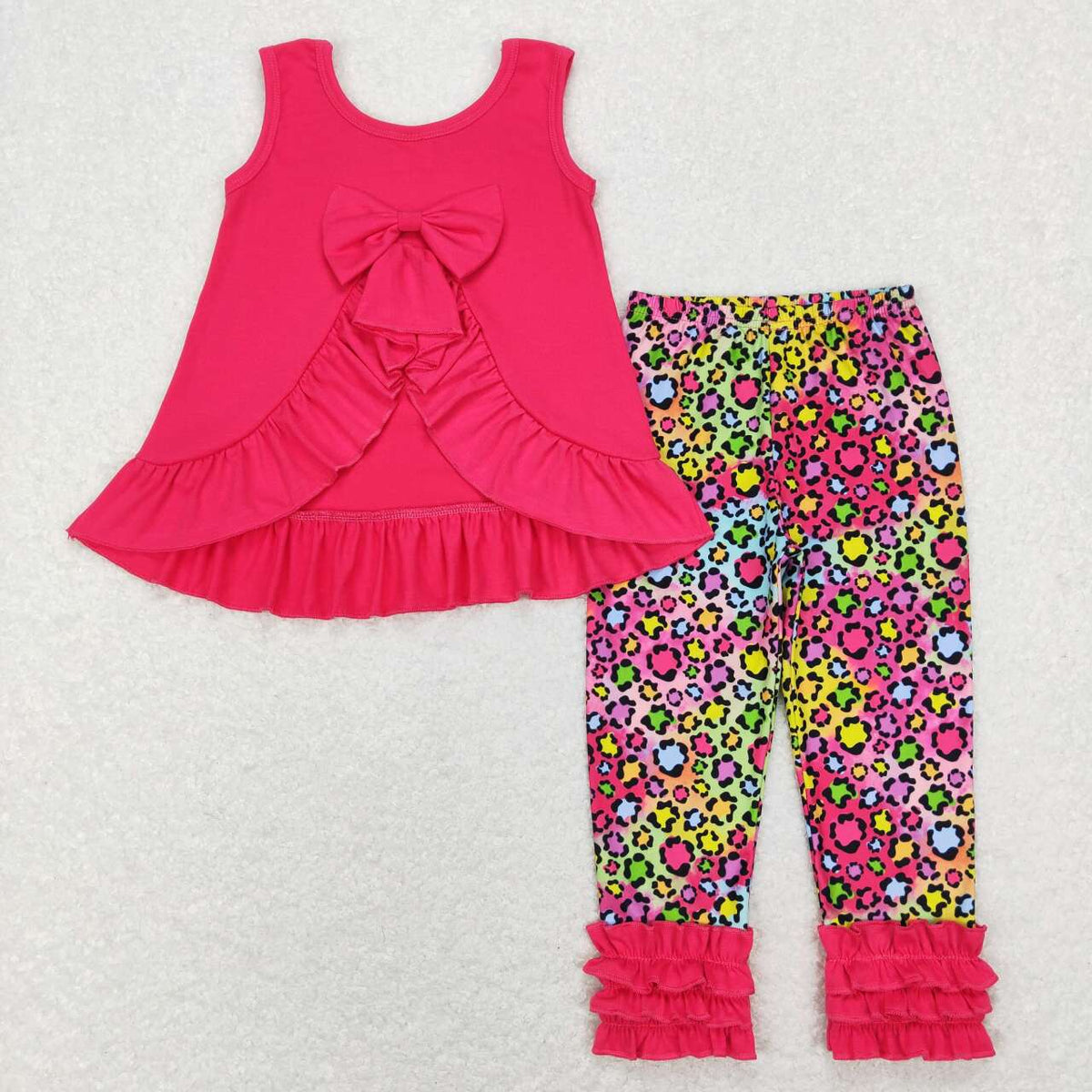 GSPO1097 Hot pink ruffles sleeveless leopard pants girls set