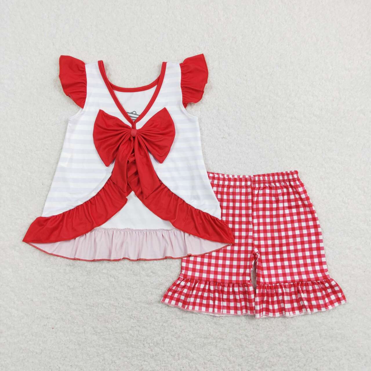 GSSO0455 Embroidery Crayfish flutter sleeve red checkered shorts girls set