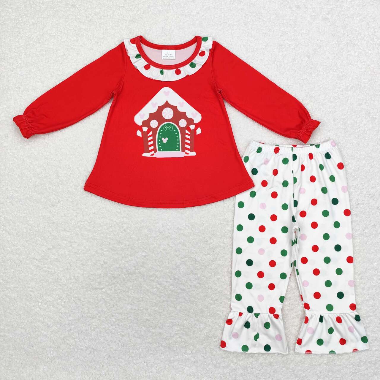 GLP1643 Christmas house red long sleeve green red dot pants girls set