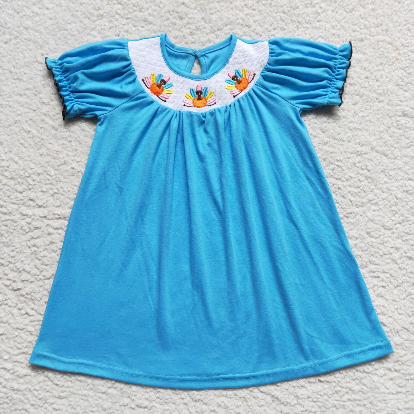 GSD0436 Thanksgiving Turkey Blue Short Sleeve Girls Dress