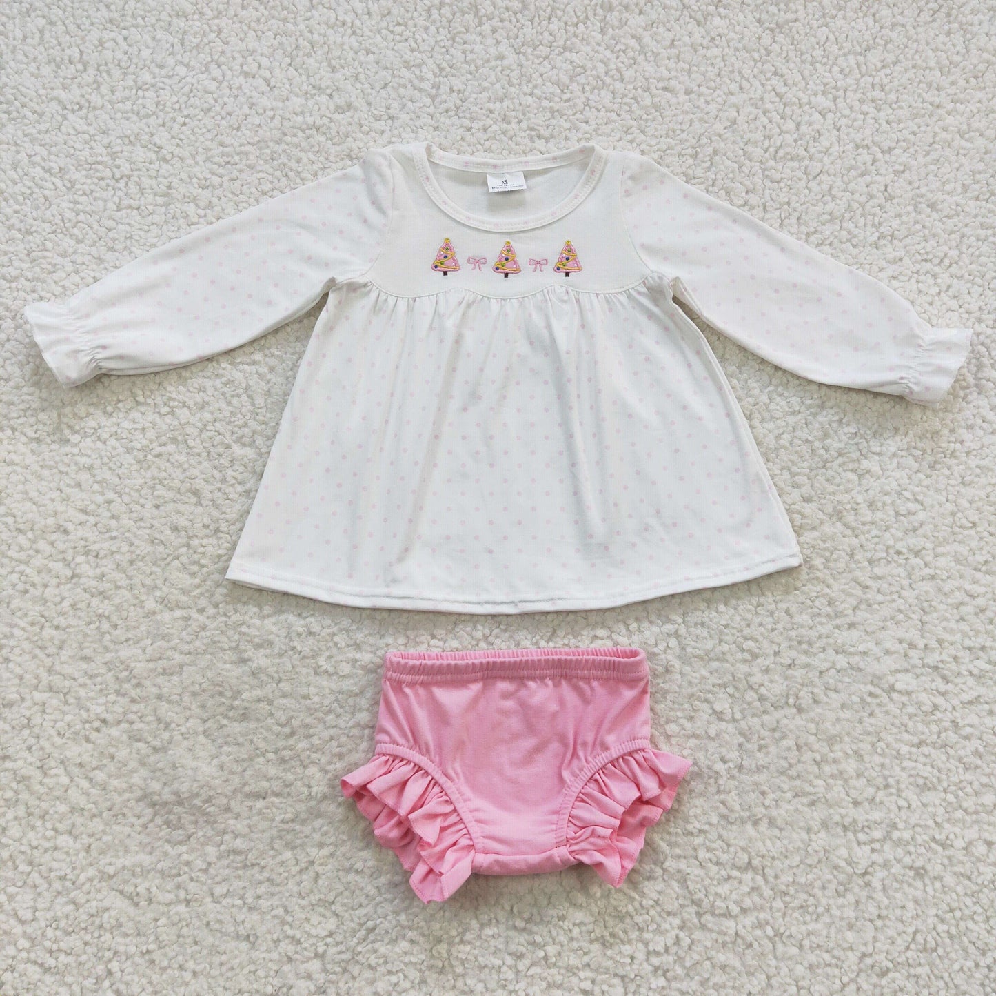 GBO0165 Christmas Pink Tree White Long Sleeves Girls Bummies Set