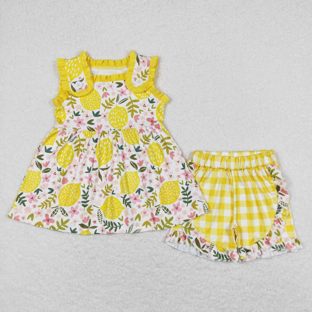 GSSO0752 Yellow lemon flowers sleeveless checkered shorts girls set