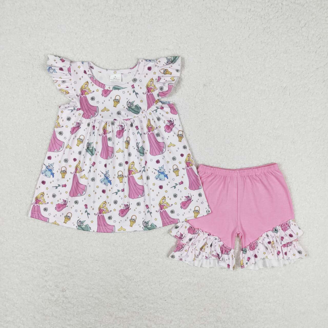 GSSO0910 cartoon princess flutter sleeve pink shorts girls set
