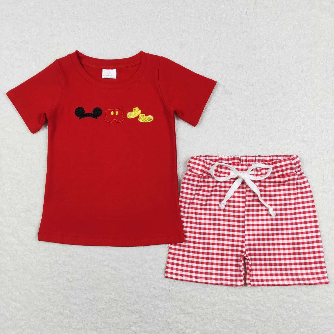 BSSO0416 Cartoon red short sleeve red checkered shorts boys set