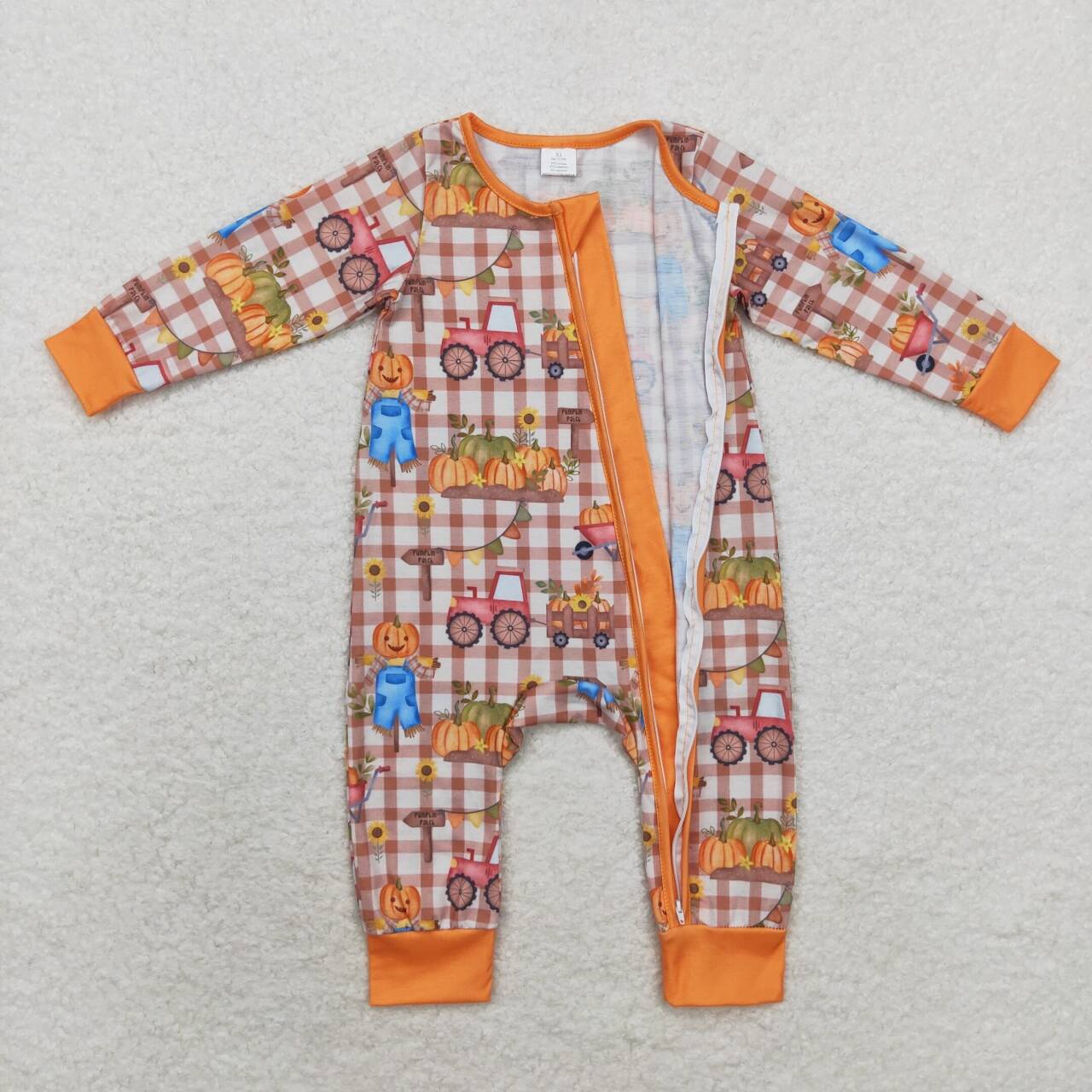 LR1046 bamboo farm Autumn full pumpkin checkered long sleeve zipper boys romper