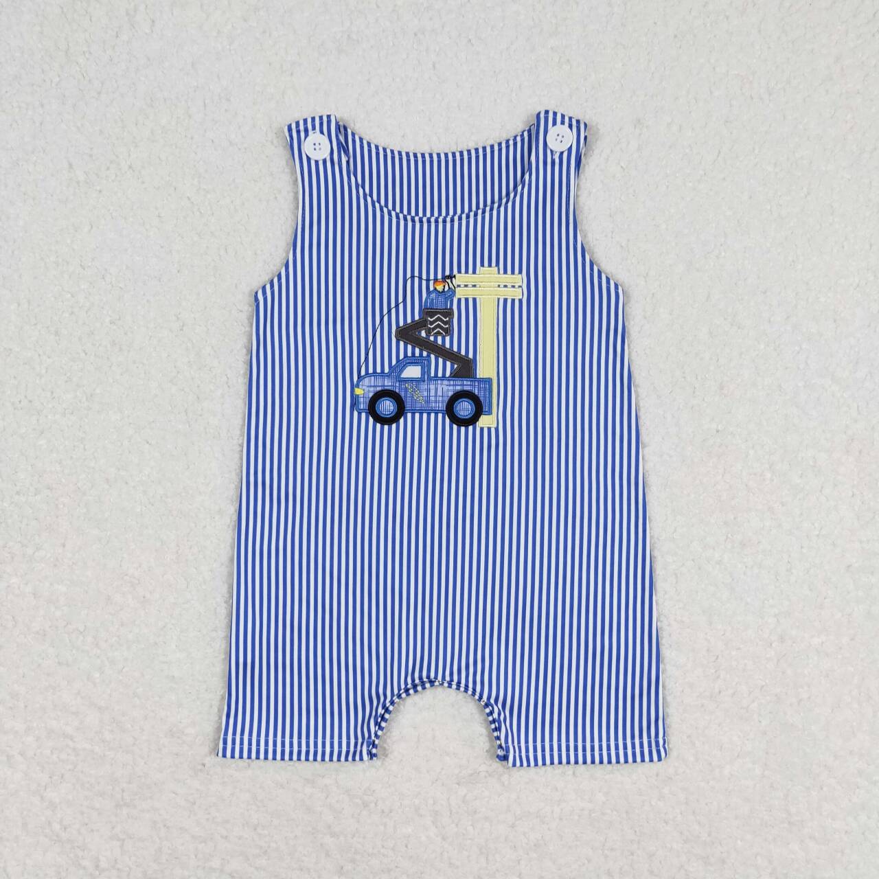 SR1102 embroidery Lineman blue striped sleeveless boys romper