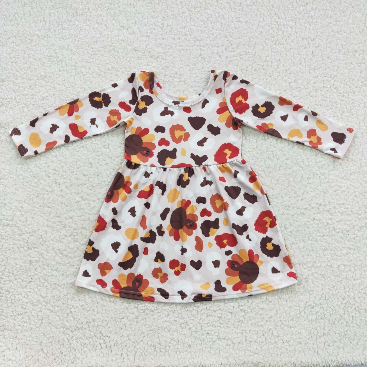 GLD0320 Thanksgiving turkey leopard long sleeve kids dress