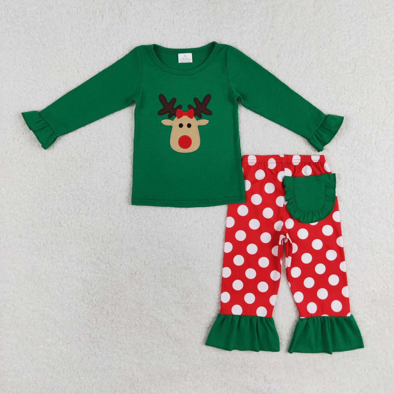 GLP1301 embroidery Christmas deer green long sleeve red dot pants girls set