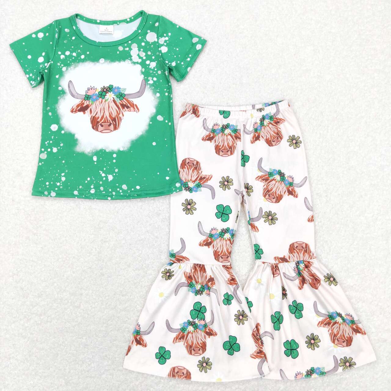 GSPO1180 Saint Patrick Western Highland Cow Green Short Sleeve Pants Girls Set