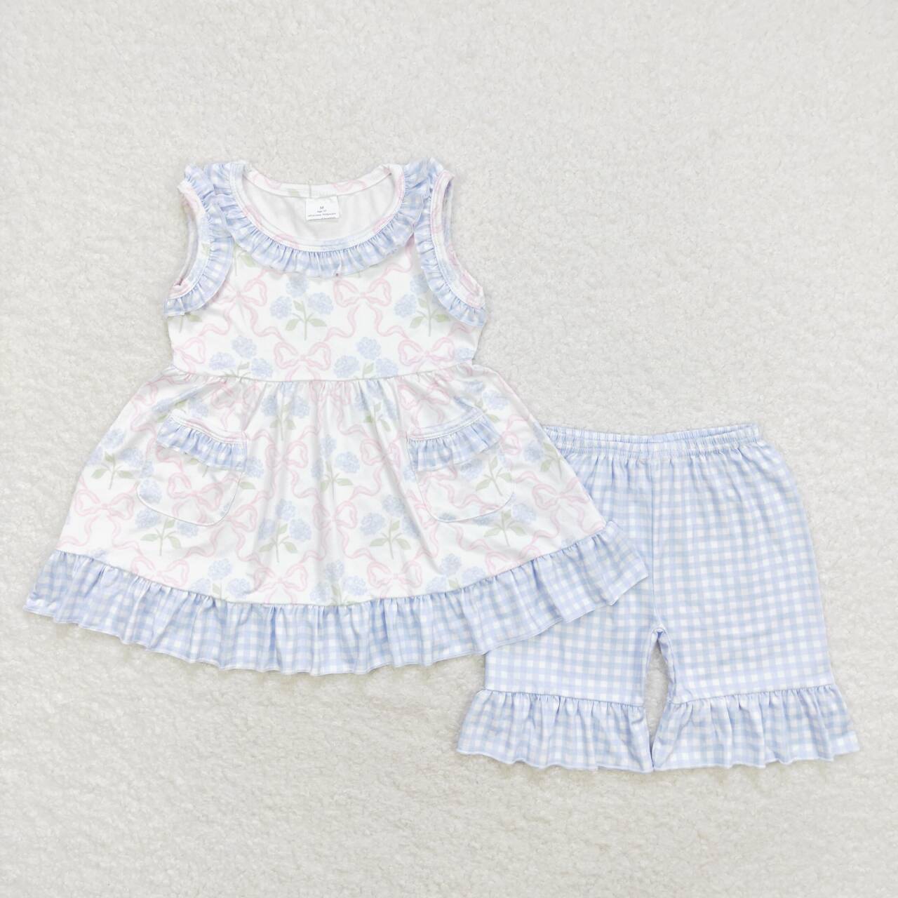 GSSO1051 blue flowers pockets sleeveless blue checkered shorts girls set
