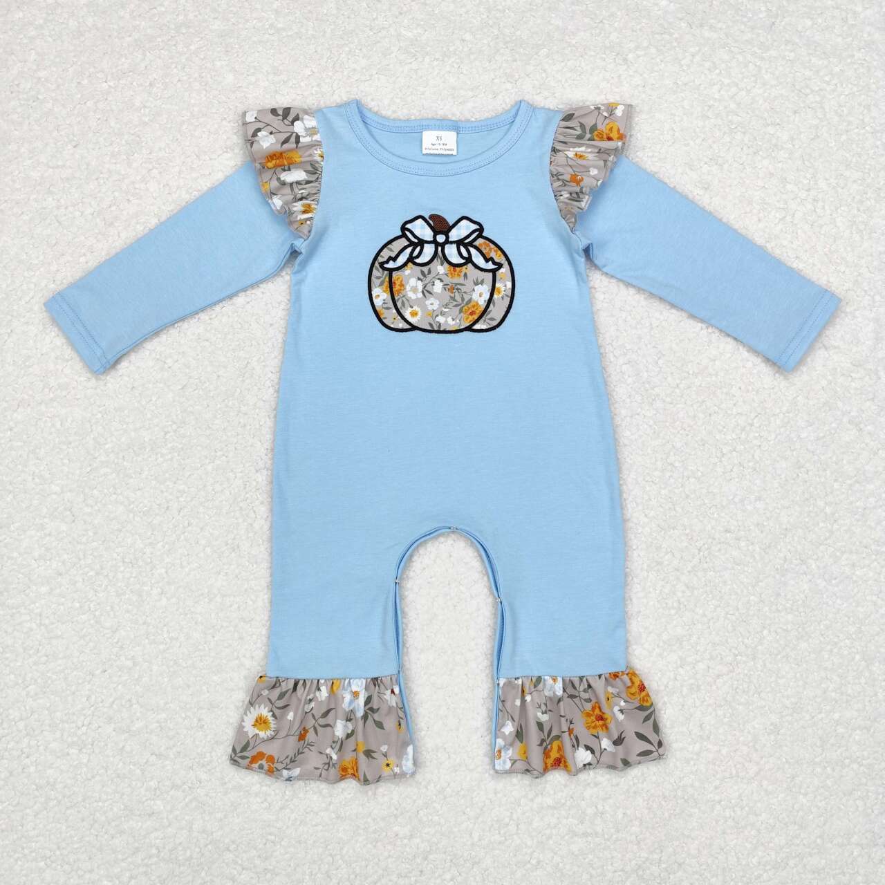 embroidery LR1529 pumpkin flowers blue long sleeve girls romper