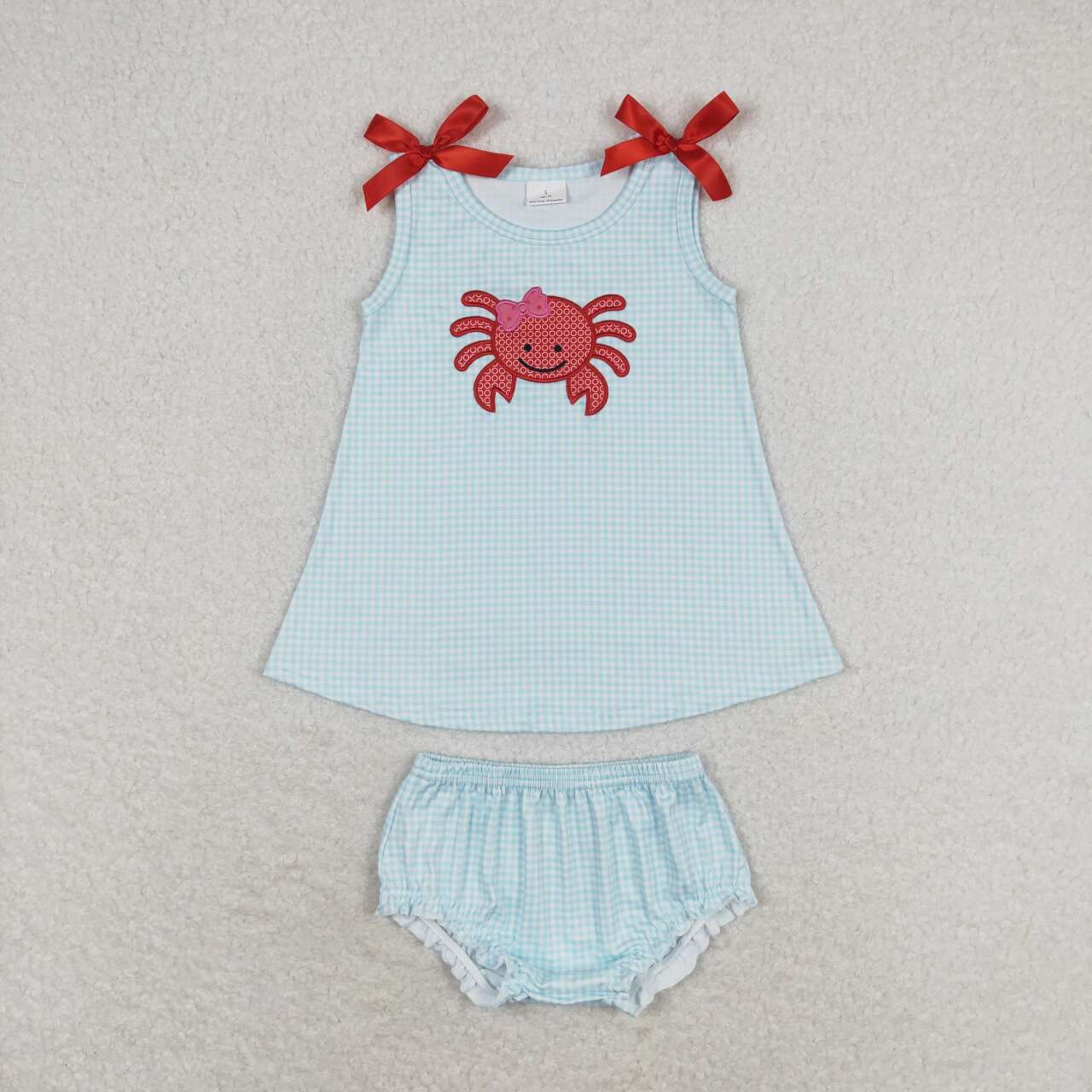 GBO0267 embroidery Crab Blue Checkered Sleeveless Girls Bummies Set