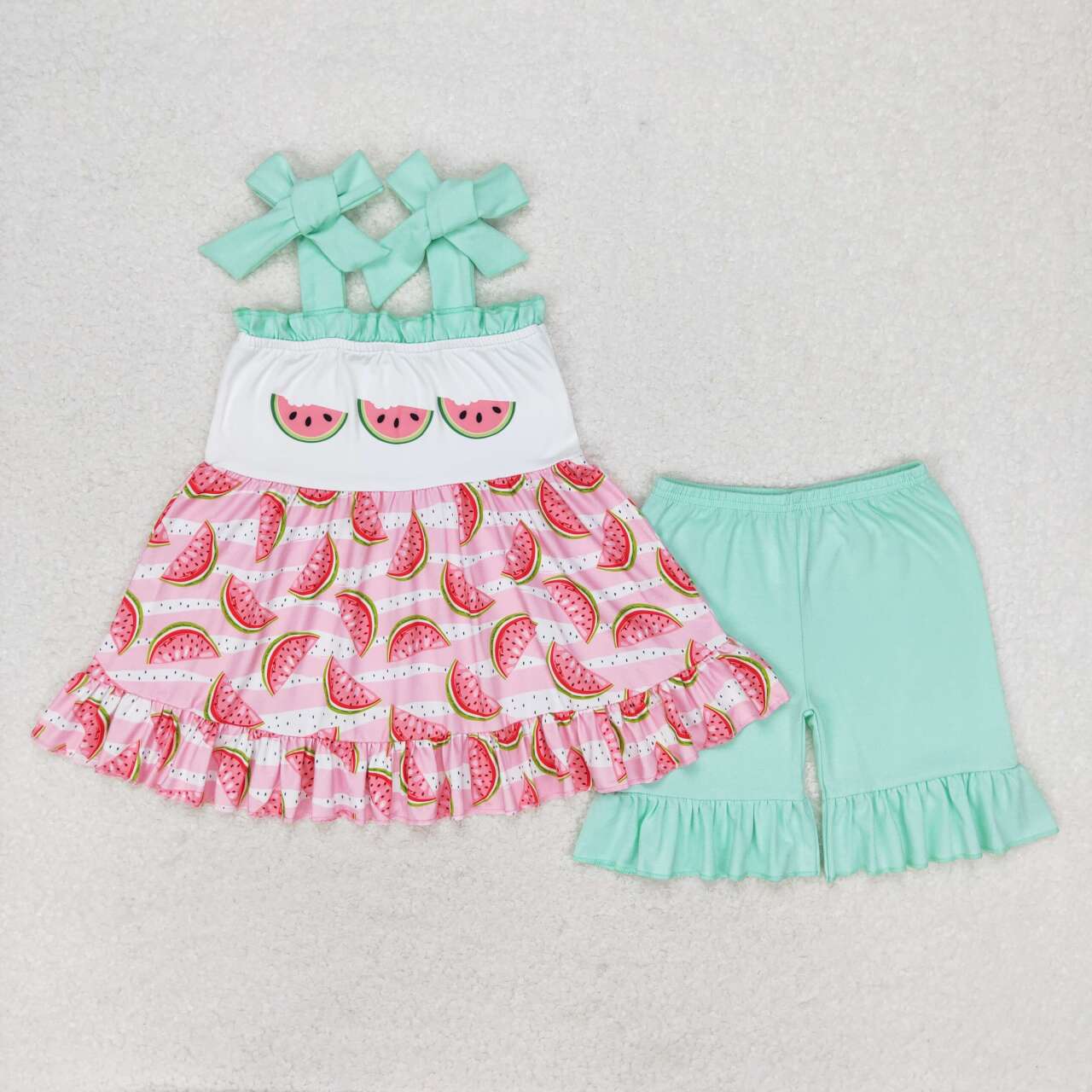 GSSO0709 Watermelon pink sleeveless cyan shorts girls set