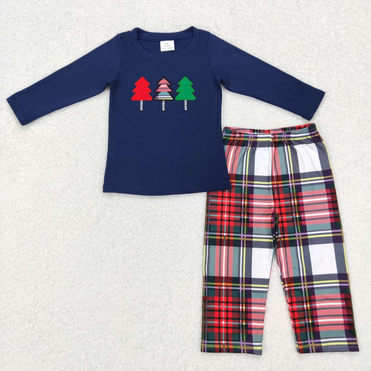 BLP0352 Christmas tree navy long sleeve red pants boys set