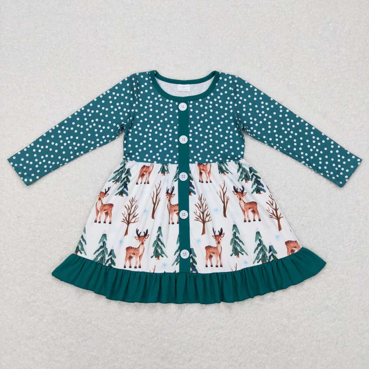 GLD0429 Christmas deer tree green long sleeve girls dress