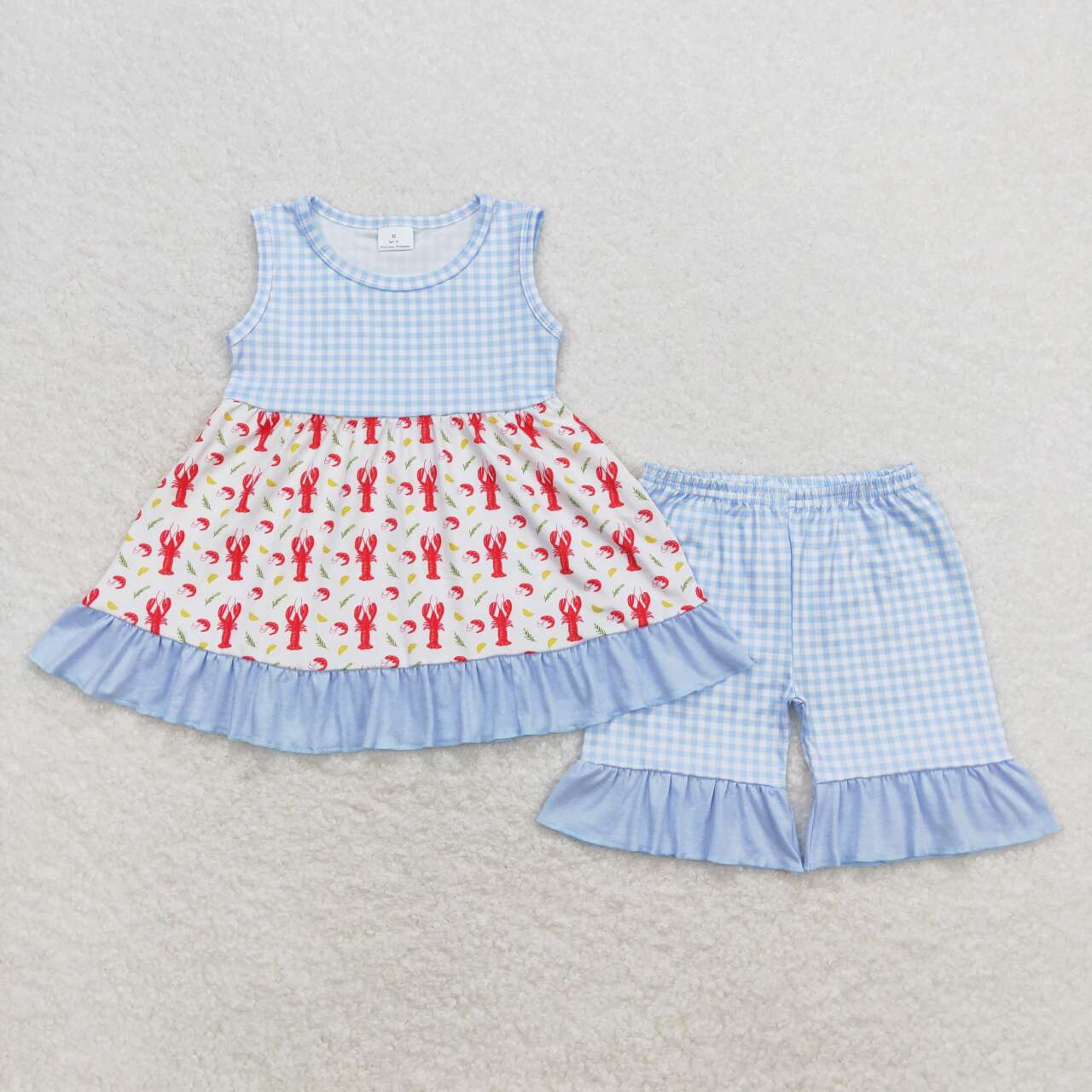 GSSO0698 Crayfish checkered sleeveless blue checkered shorts girls set