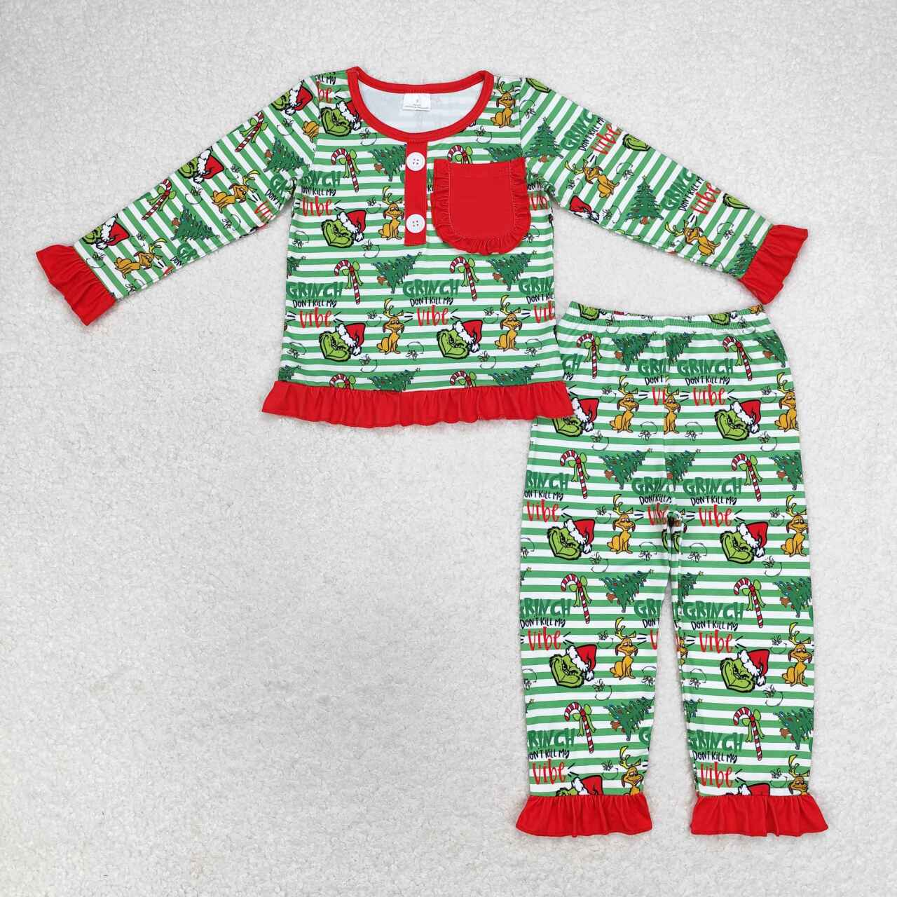 GLP1228 Christmas green face green striped long sleeve pants girls pajamas