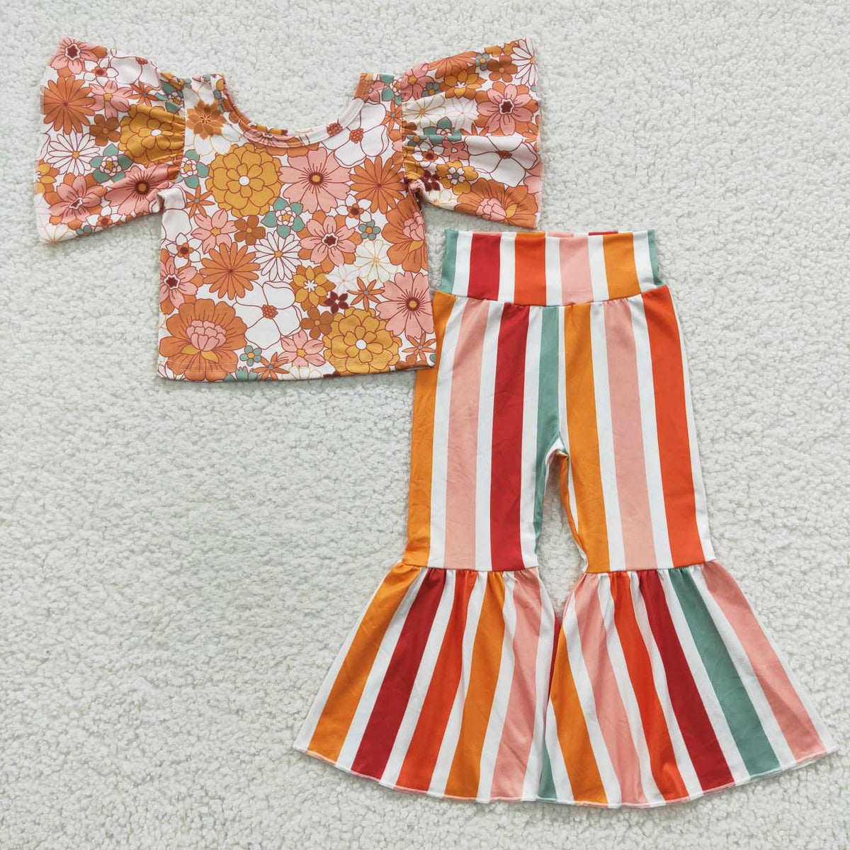 GSPO0724 Colorful Flowers Flutter Sleeves Striped Print Pants Girls Clothes