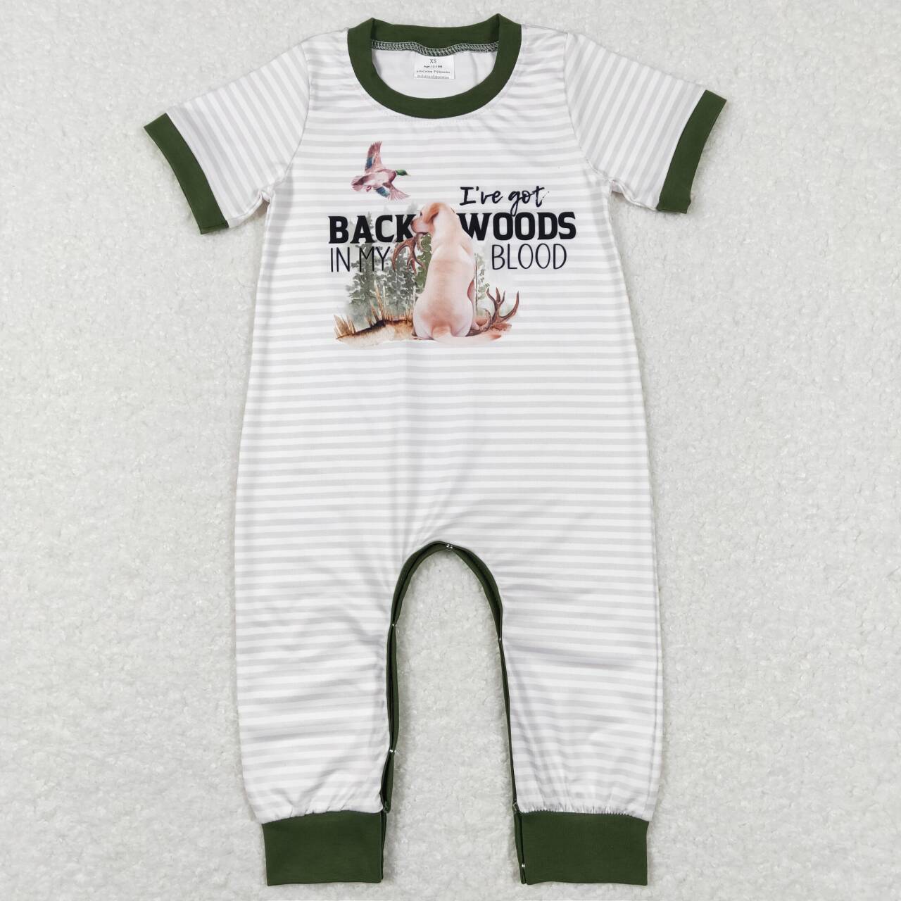 SR0633 Hunting back woods dog mallard striped short sleeve boys romper