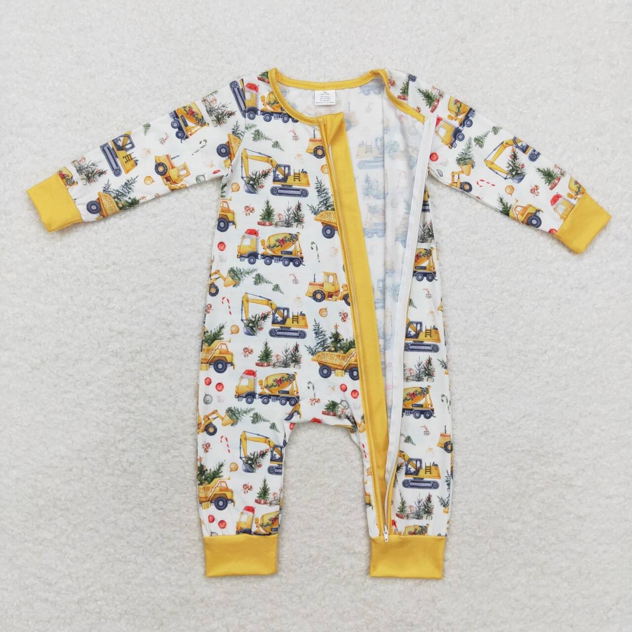 USA SHOP LR1332 Christmas construction truck yellow long sleeve zipper boys romper