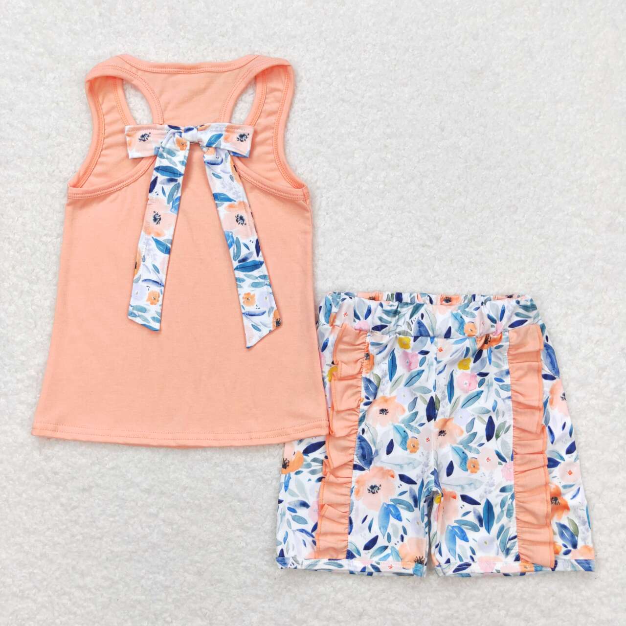 GSSO1061 orange sleeveless orange flowers shorts girls set
