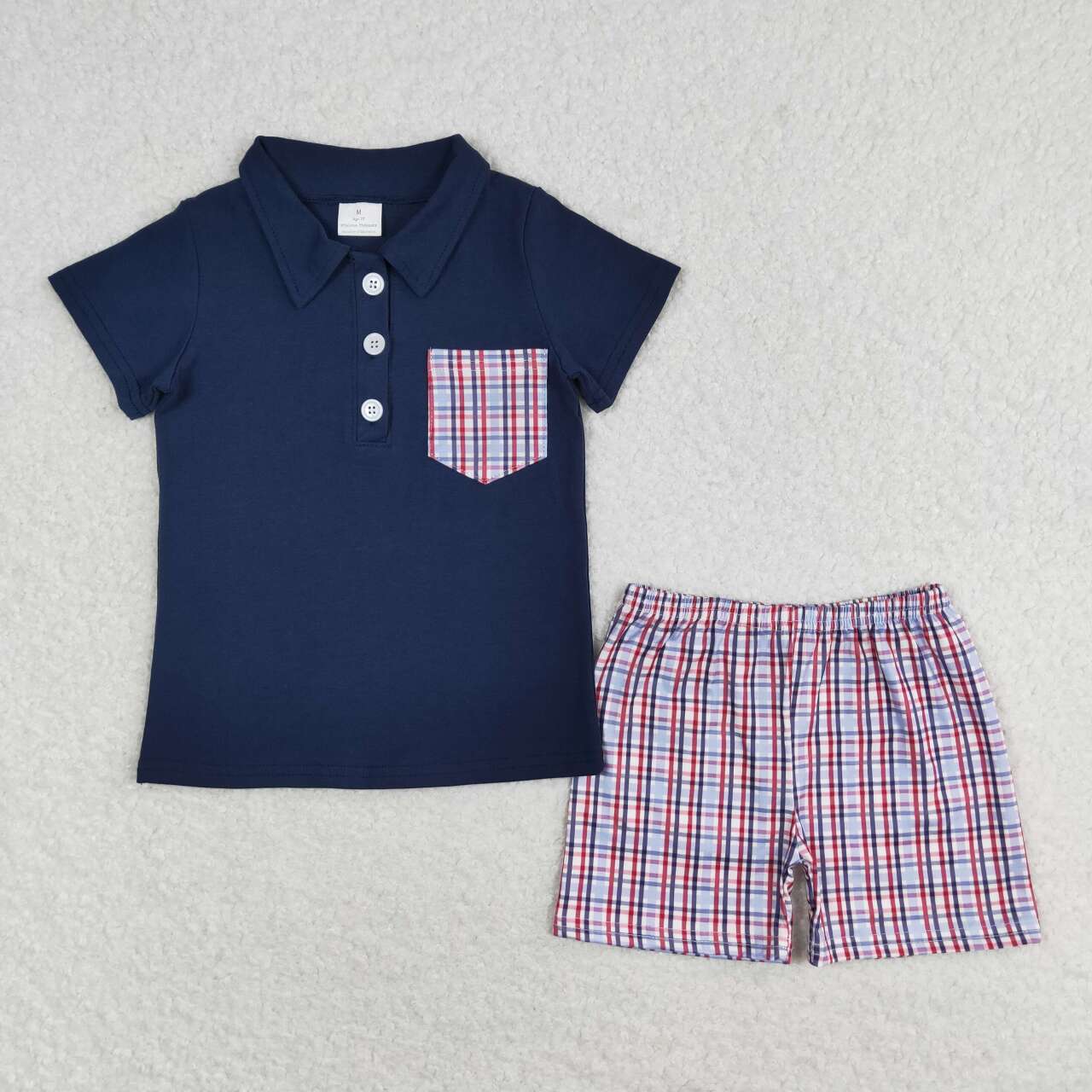 BSSO0628 Black pocket short sleeve blue red checkered shorts boys set