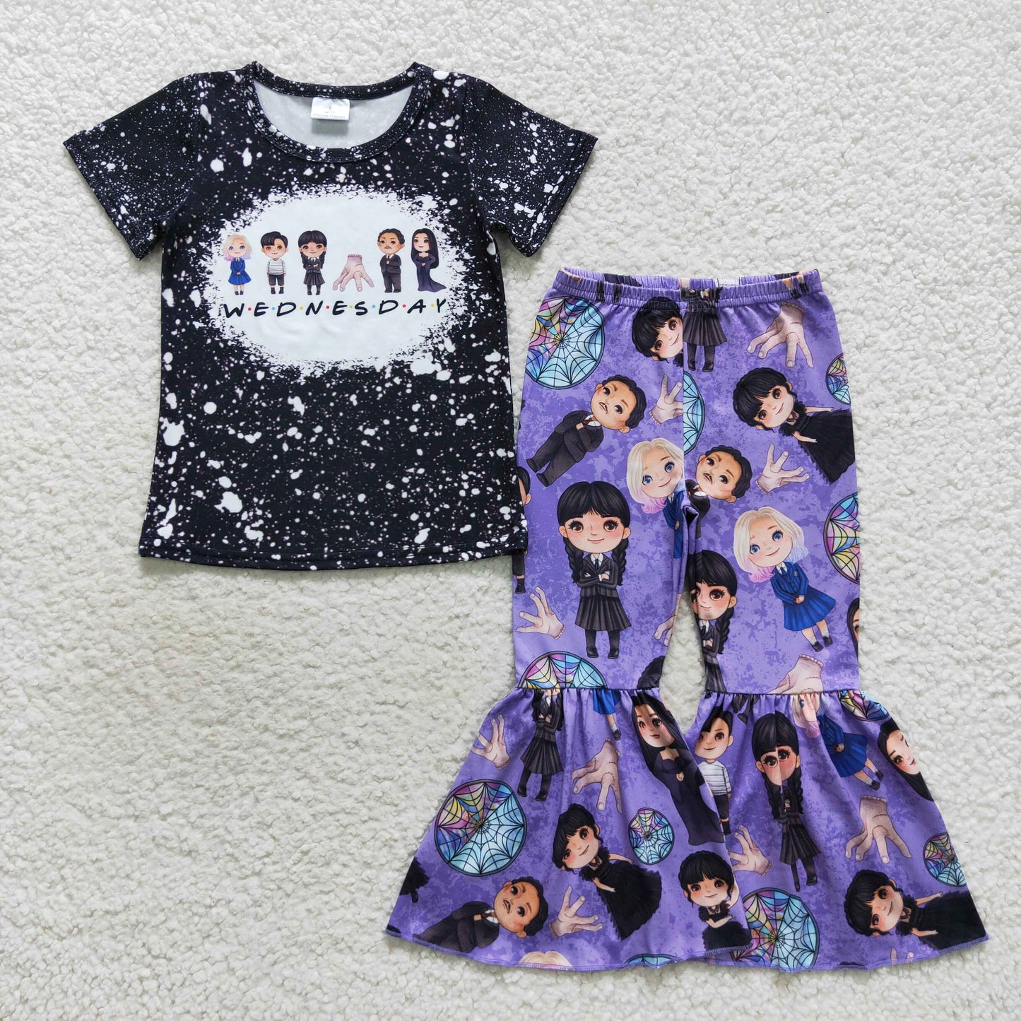 GSPO0688 Wed cartoon black short sleeve purple pants girls set