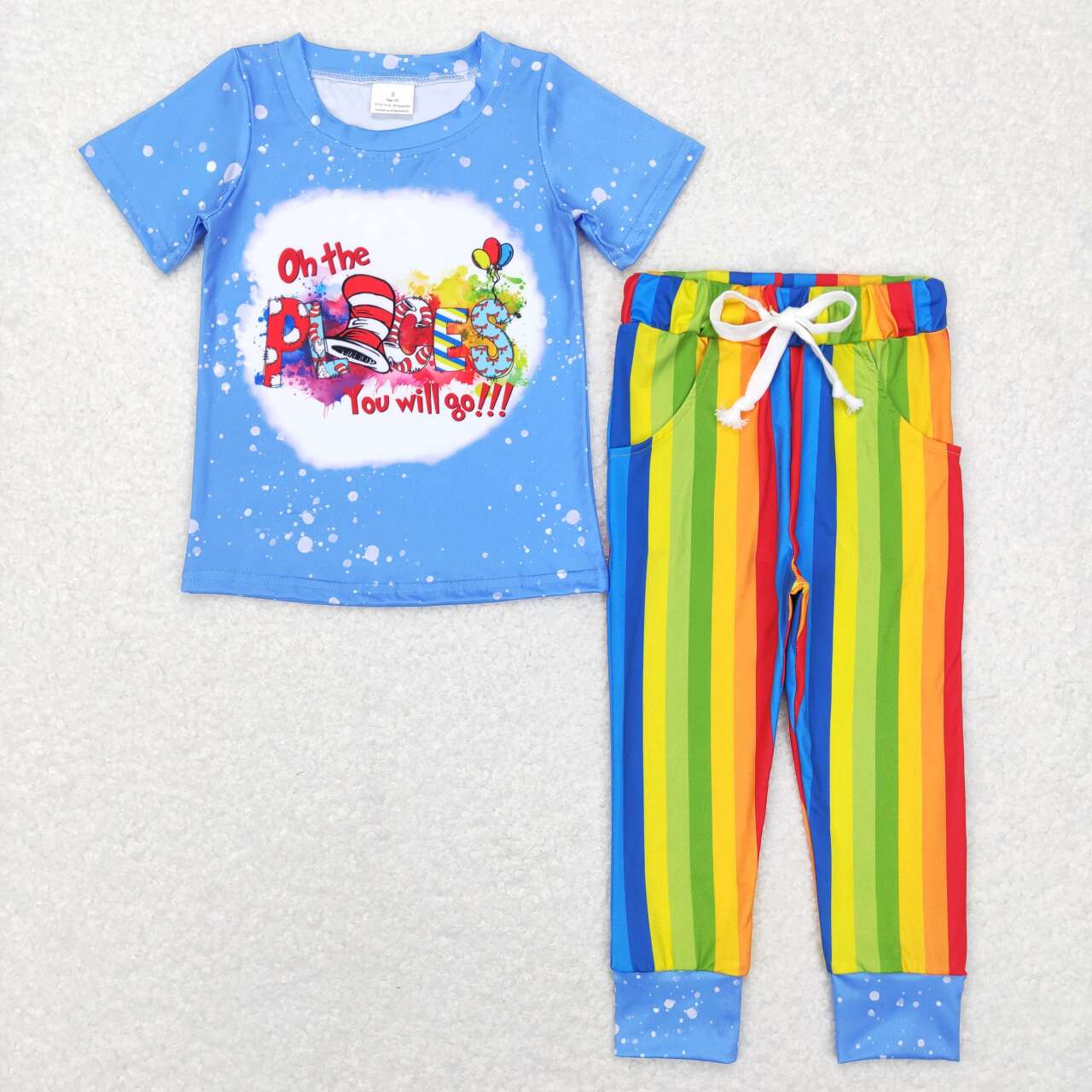 BSPO0176 Dr blue short sleeve colorful striped pants boys set