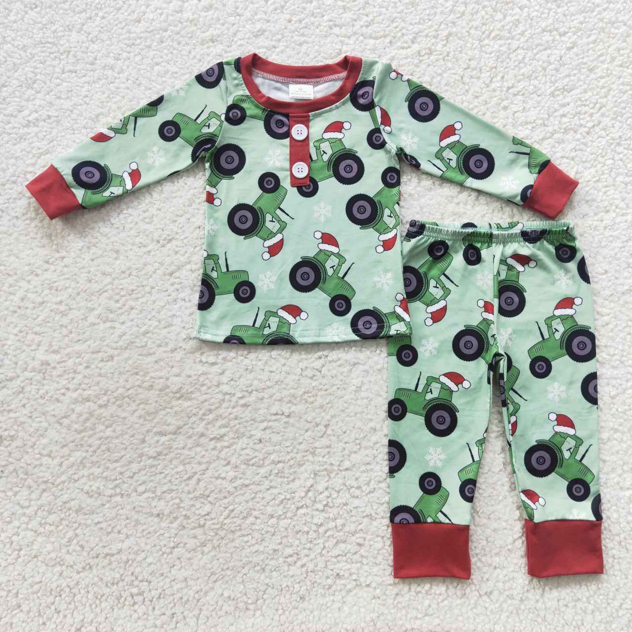 BLP0285 Christmas tractors green long sleeve pants boys pajamas