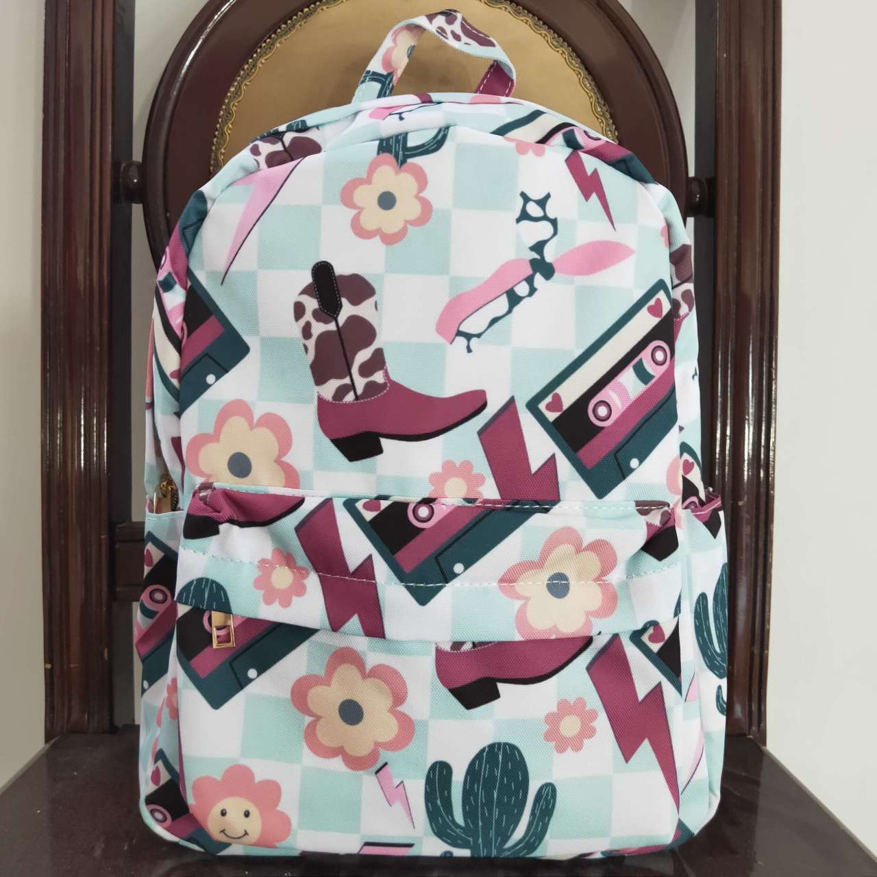 BA0082 Western Pink Boot Flowers Plaid Print Kids Bag