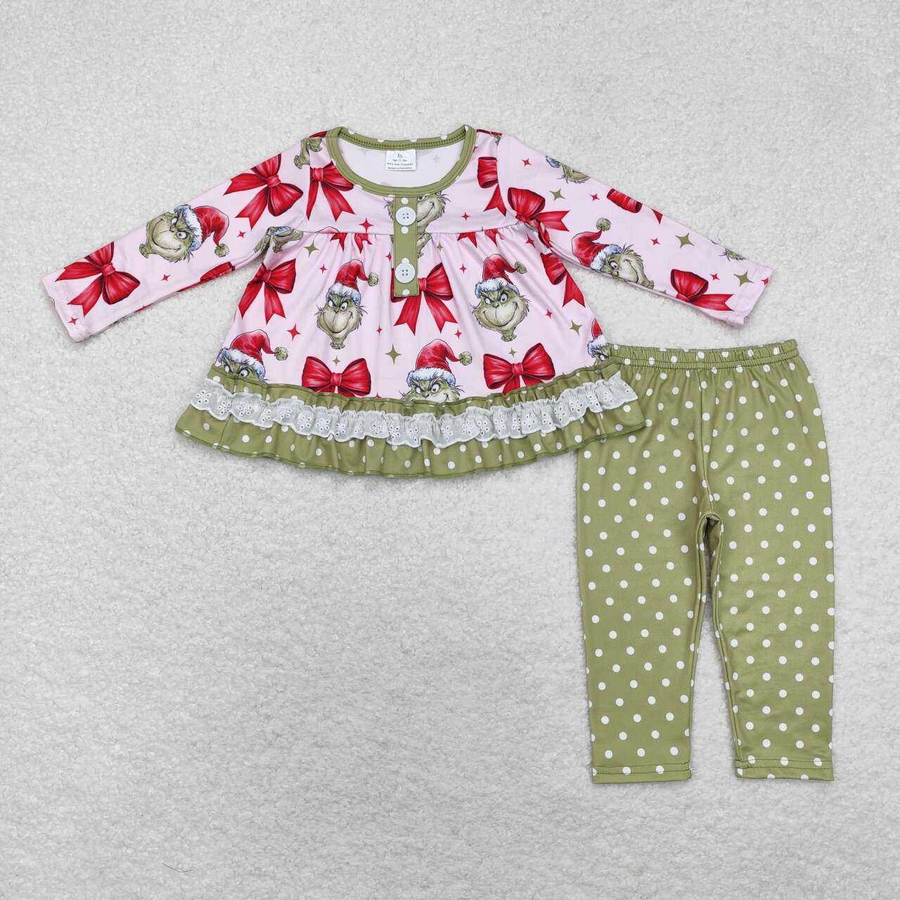 GLP1671 Christmas bows green face long sleeve green pants girls set