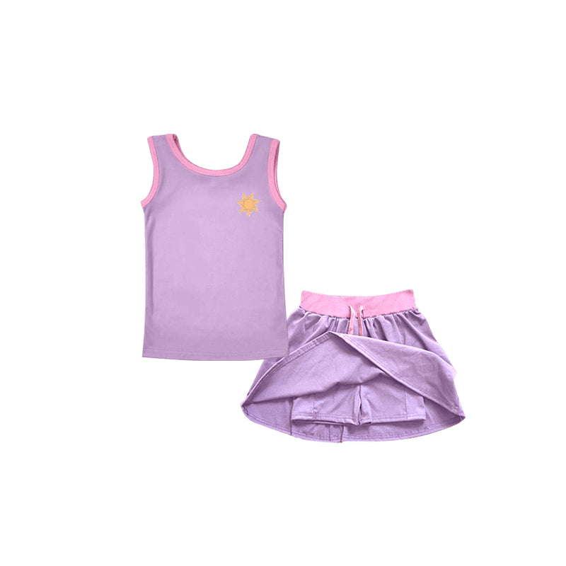Custom Moq 3 Cartoon Princess Purple Sleeveless Skirt With Shorts Girls Set