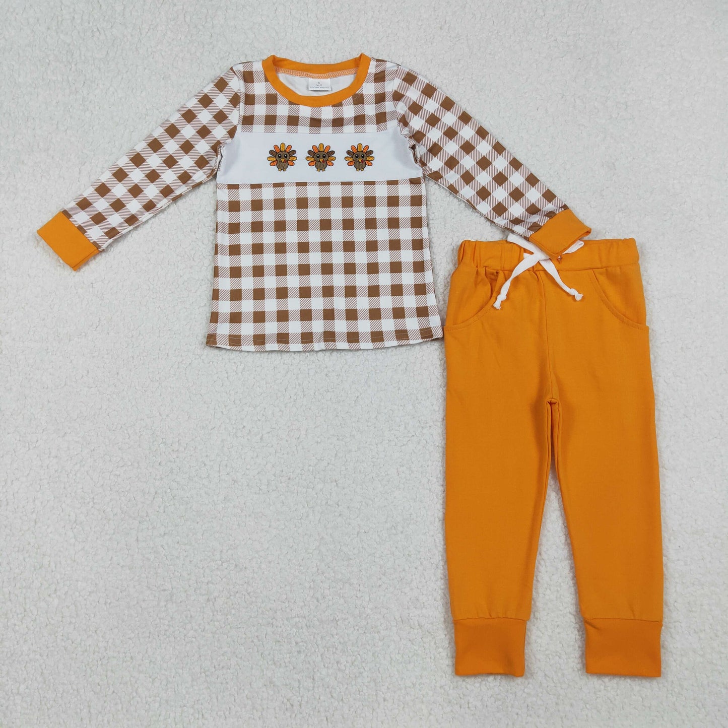 embroidery BLP1186 Thanksgiving turkey khaki checkered long sleeve orange pants boys set