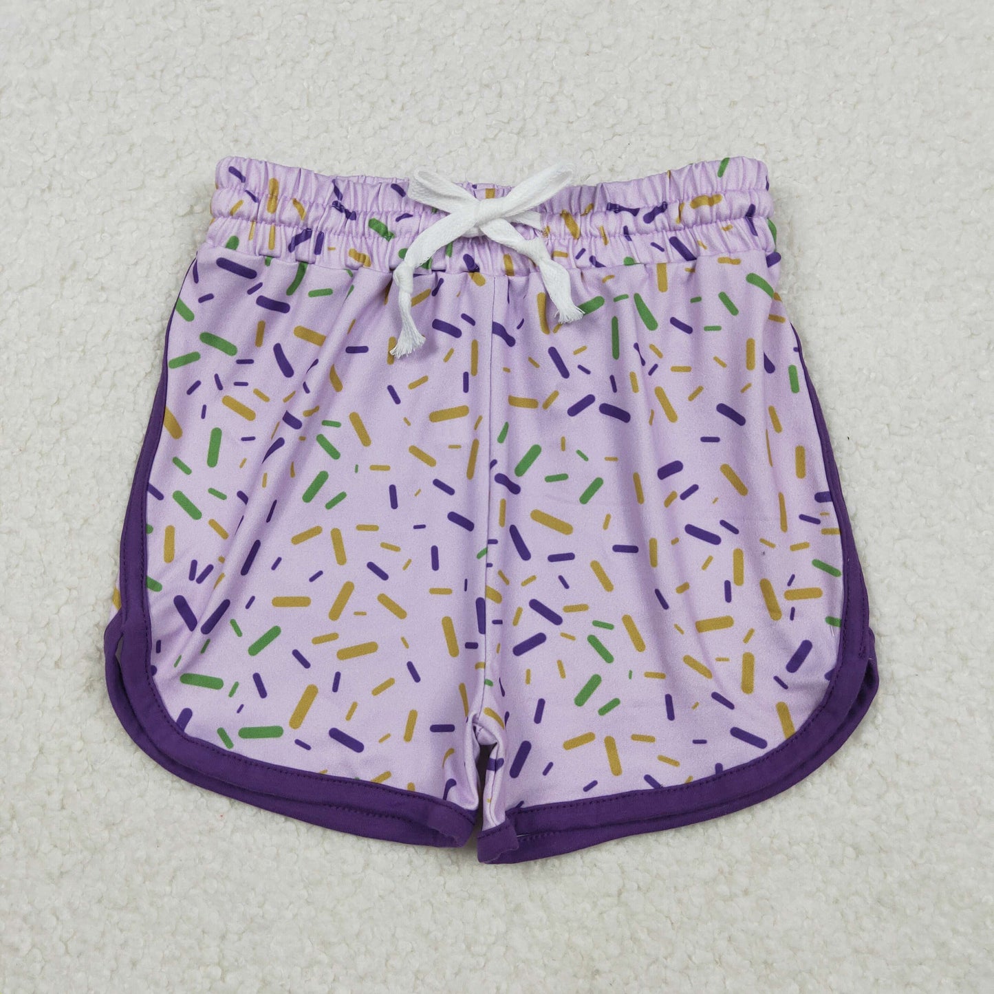 SS0656 Mardi Gras green purple yellow sprinkles girls shorts