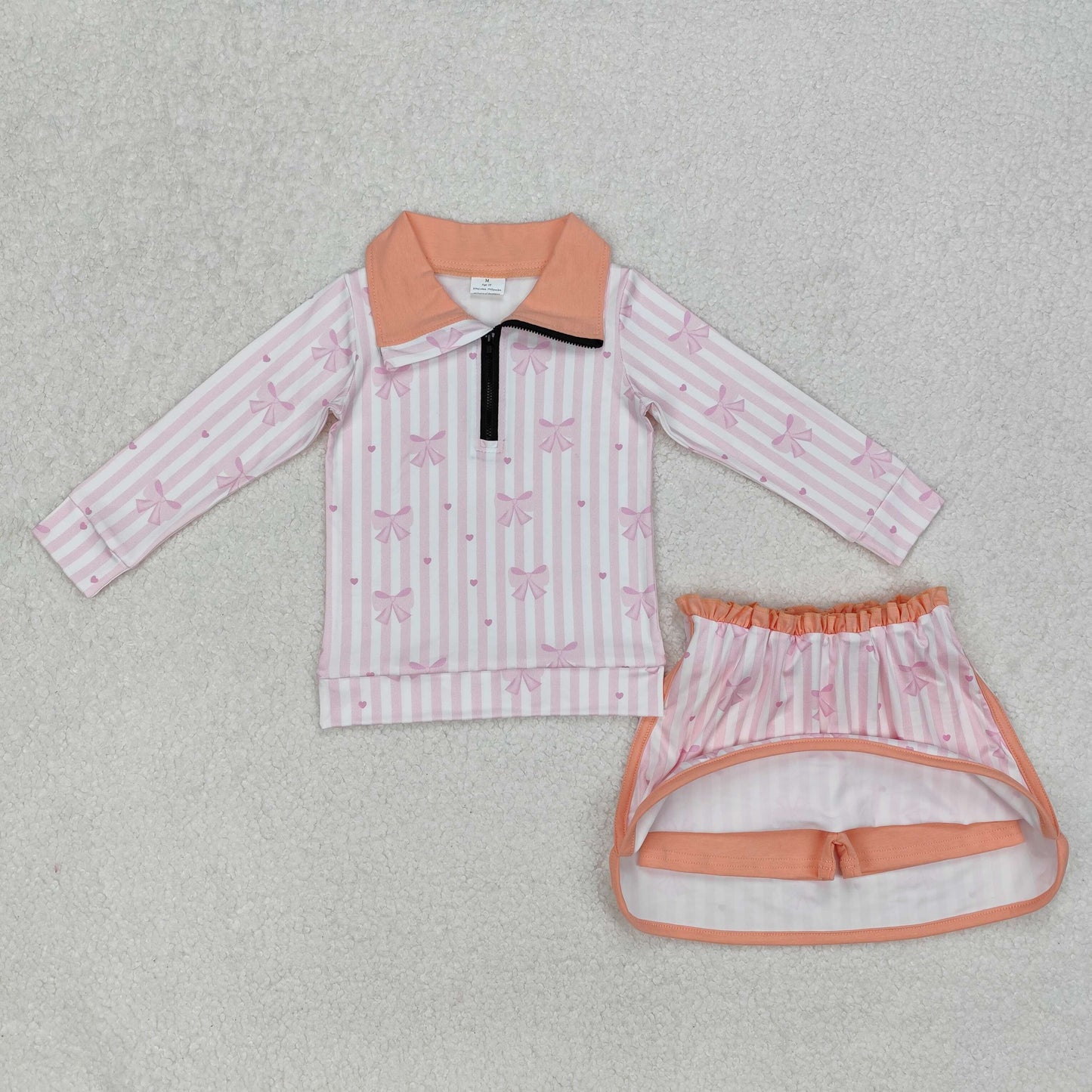 GLD1004 pink bows striped zipper long sleeve skirt with shorts girls set